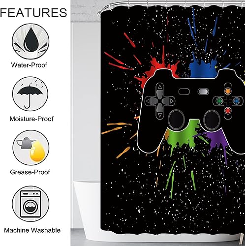 Miniatura 5 de NORBEY Juego de 4 cortinas de ducha con diseño de controlador de videojuegos abstracto cortina de baño con tapete antideslizante juego de alfombras