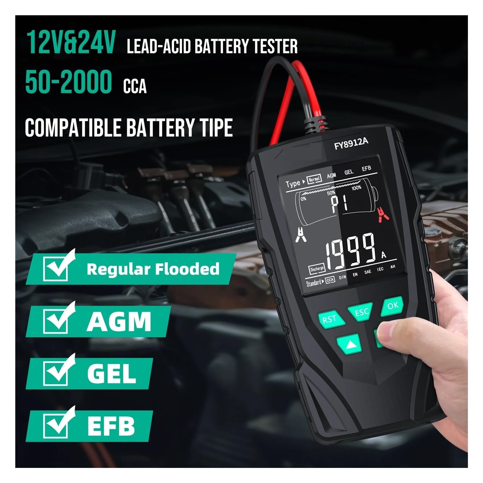 Comprobador de baterias Probador de batería de Coche de 12 V y 24 V, máquina de monitoreo de batería de Coche, Motocicleta, camión, herientas de Prueba de Capacidad de batería