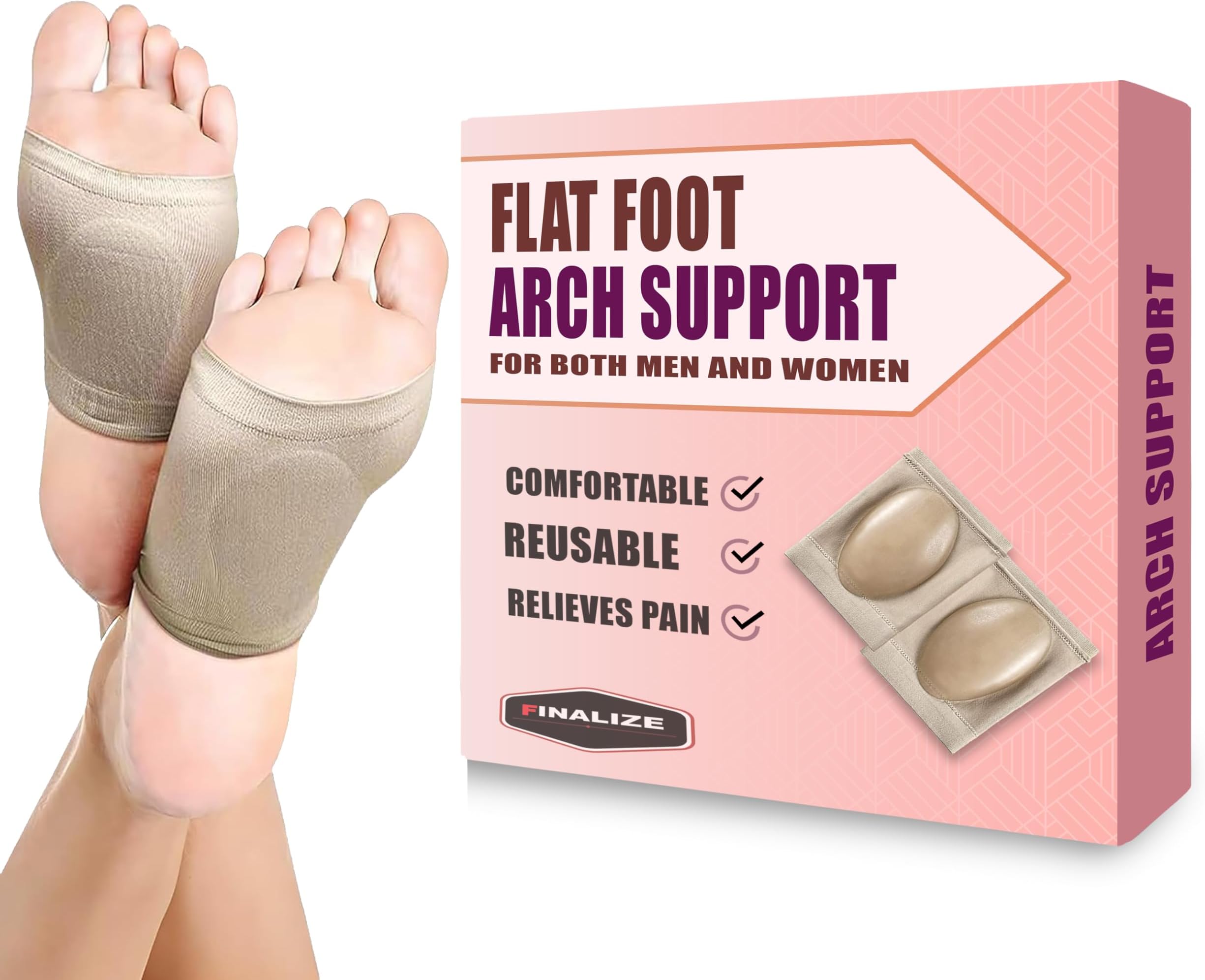 Finalize Flat Foot Arch Support for Men & Women | Medial Arch Support for Flat Feet Correction Sleeve with Cushion | Plantar Fasciitis Leg Foot Pain Relief Product | Free Size | For Orthopaedic Shoes Slippers Arch Socks (Arch)