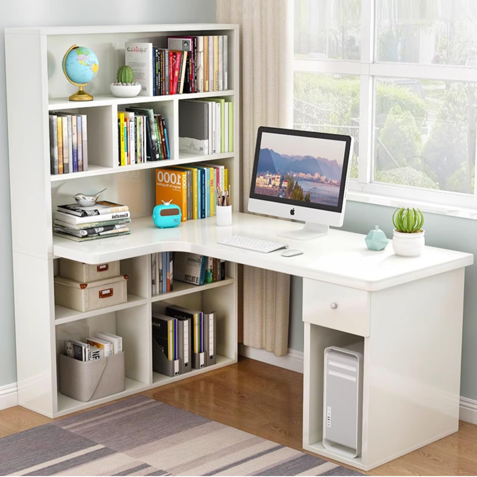Computertisch aus Holz mit Schubladen und Regalen, platzsparender Schreibtisch und Gaming-Arbeitsplatz, stilvoller Bürotisch (140 x 80 x 160 cm, modernes weißes Design