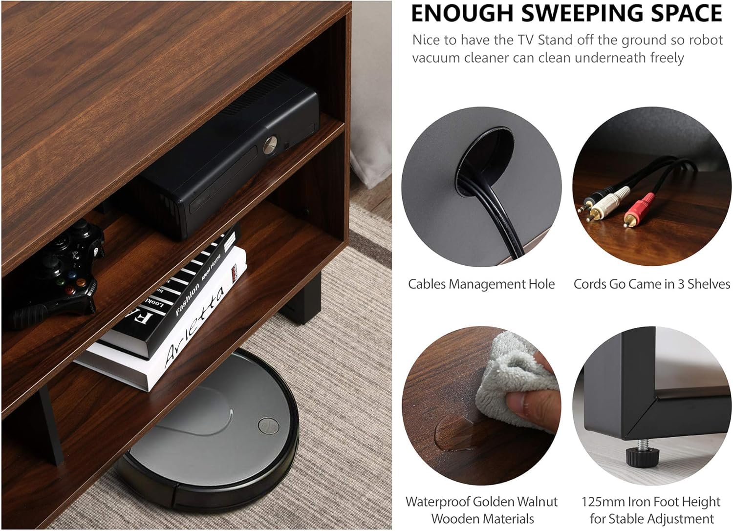 FITUEYES Mobile TV per 32-70 Pollici, Supporto TV da Pavimento con 2 Altezza & Ripiani Legno, Mobile Porta TV da Terra, Mobili TV Max VESA 600x400mm