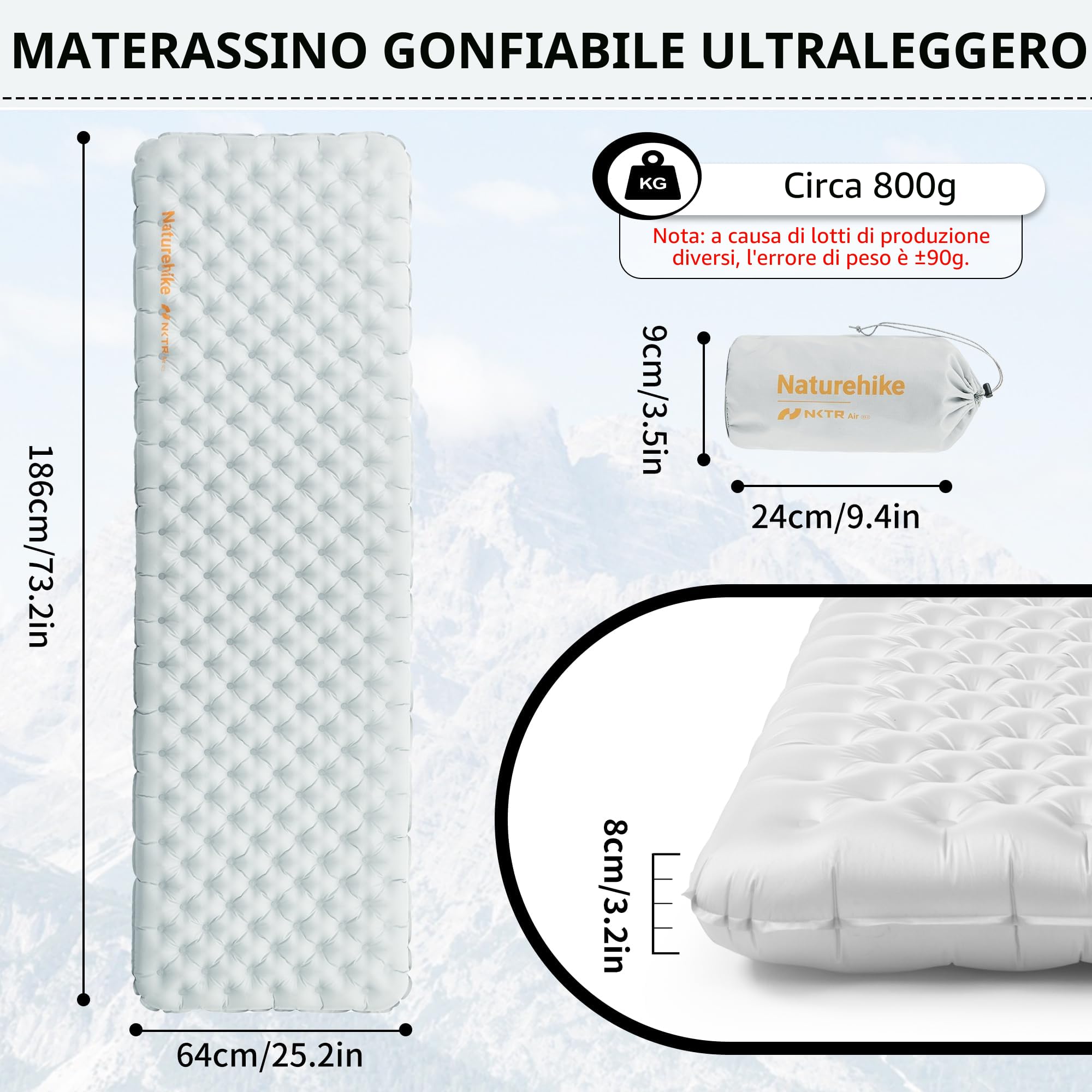 Naturehike Materassino da Campeggio Ultraleggero Materassino Autogonfiante Gonfiabile Portatile Impermeabile Durevole con Valore 3.2 R per Trekking Escursionismo Zaino in Spalla