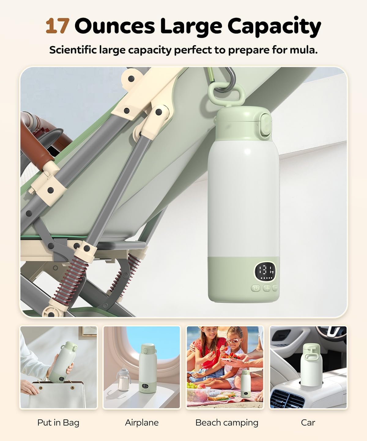 Portable Bottle Warmer 17oz Bottle Warmer for Breast Milk Formula & Water, Fast Heating, Long Battery Life & Large Capacity, Suitable for Baby Outdoor Travel Green - Image 8