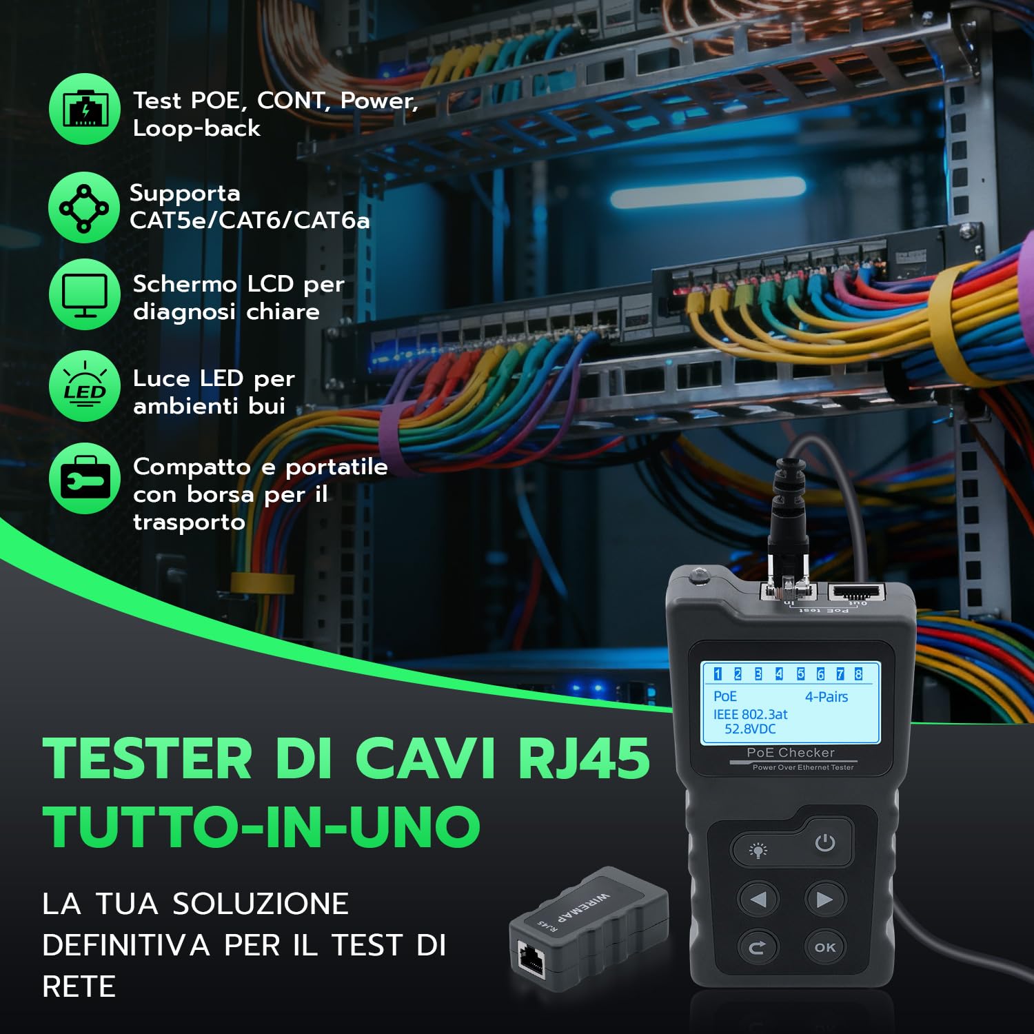 Tester di Rete RJ45,Tester Cavi LAN con LCD & Funzione POE Test per Verificare lo Stato di Cortocircuito, Incrocio e Circuito Aperto dei Cavi di Rete