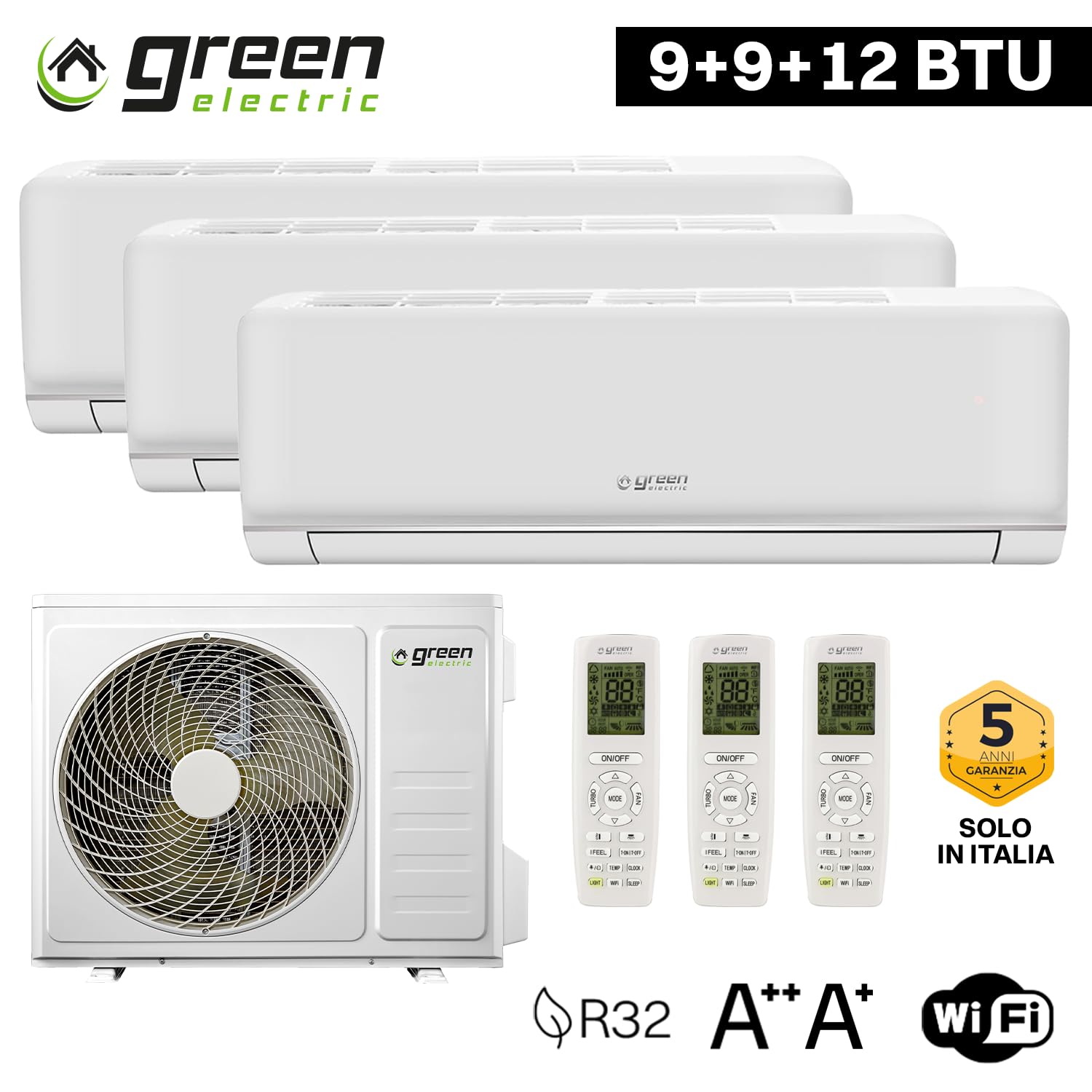 Plus Climatiseur Trial Split 9000 + 9000 + 12000 BTU, Wi-Fi R32, Efficacité Énergétique A++/A+, Trois Unités Intérieures et 1 Unité Extérieure, avec Télécommande, Faible Consommation
