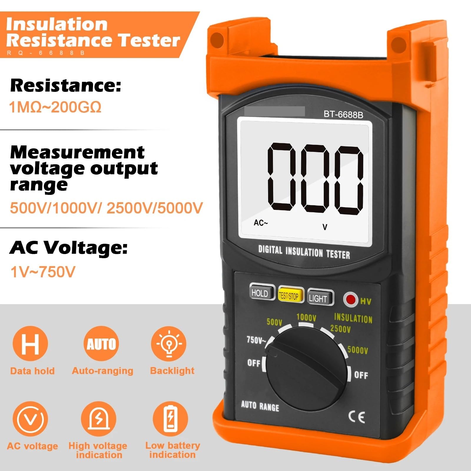 Analizador de Redes Eléctricas, BTMETER Probador de resistencia aislamiento digital portátil, rango voltaje hasta 5000 V, herramienta megóhmetro dieléctrico BT-6688B