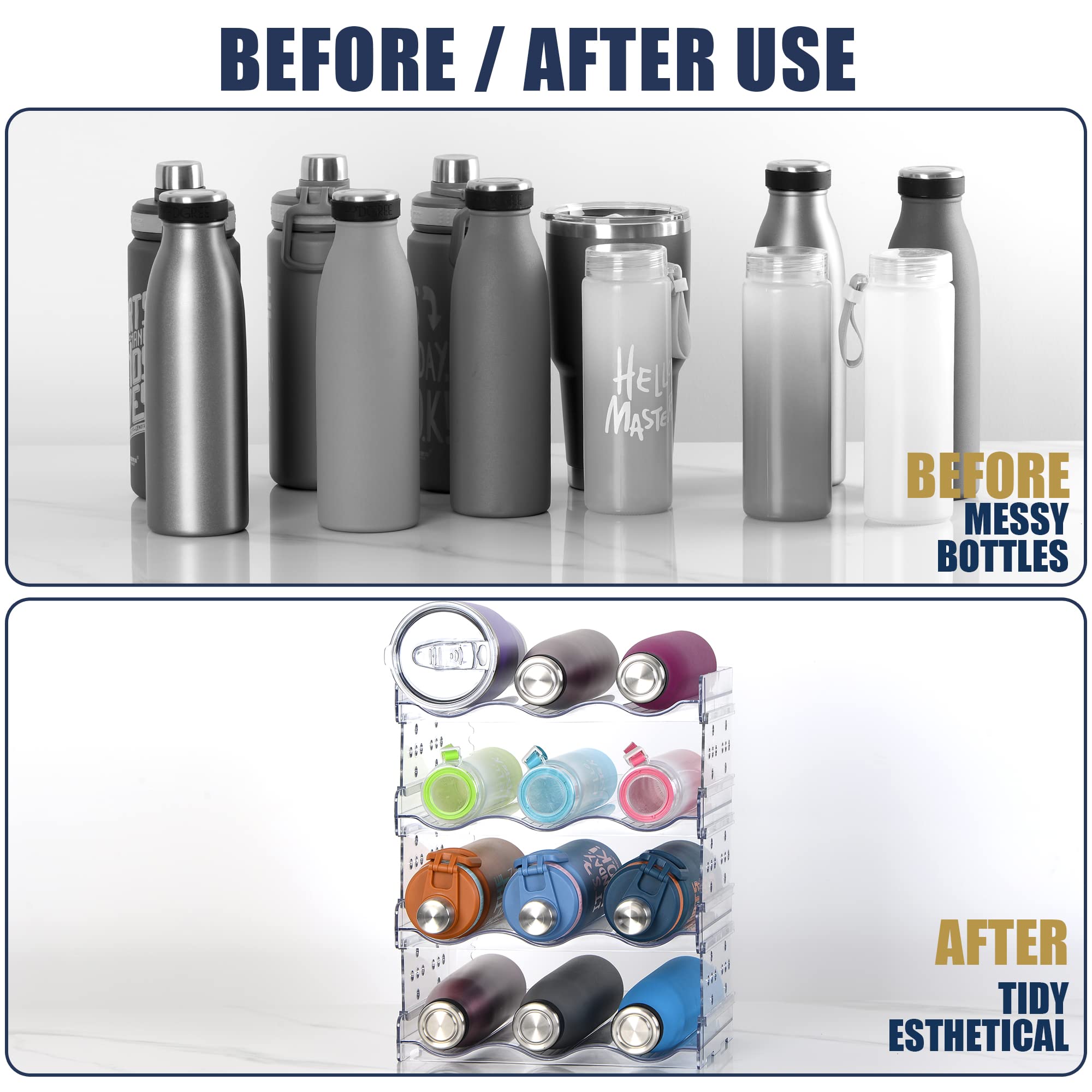 NIRAPH Water Bottle Organizer - Bottle Organizer for Cabinet - Water Bottle Organizer for Cabinet, Fridge, Counter- 4 Pack Stackable Cup Organizer for Cabinet - Tumbler Travel Cup Holder and Organizer