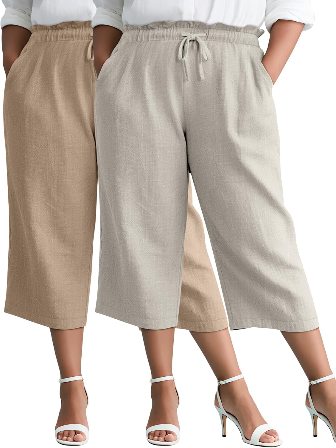 Evervibe 2 Pack Linen Capri Pants for Women L - 5XL Plus Size High Waist Drawstring Pockets Casual Cropped Trousers