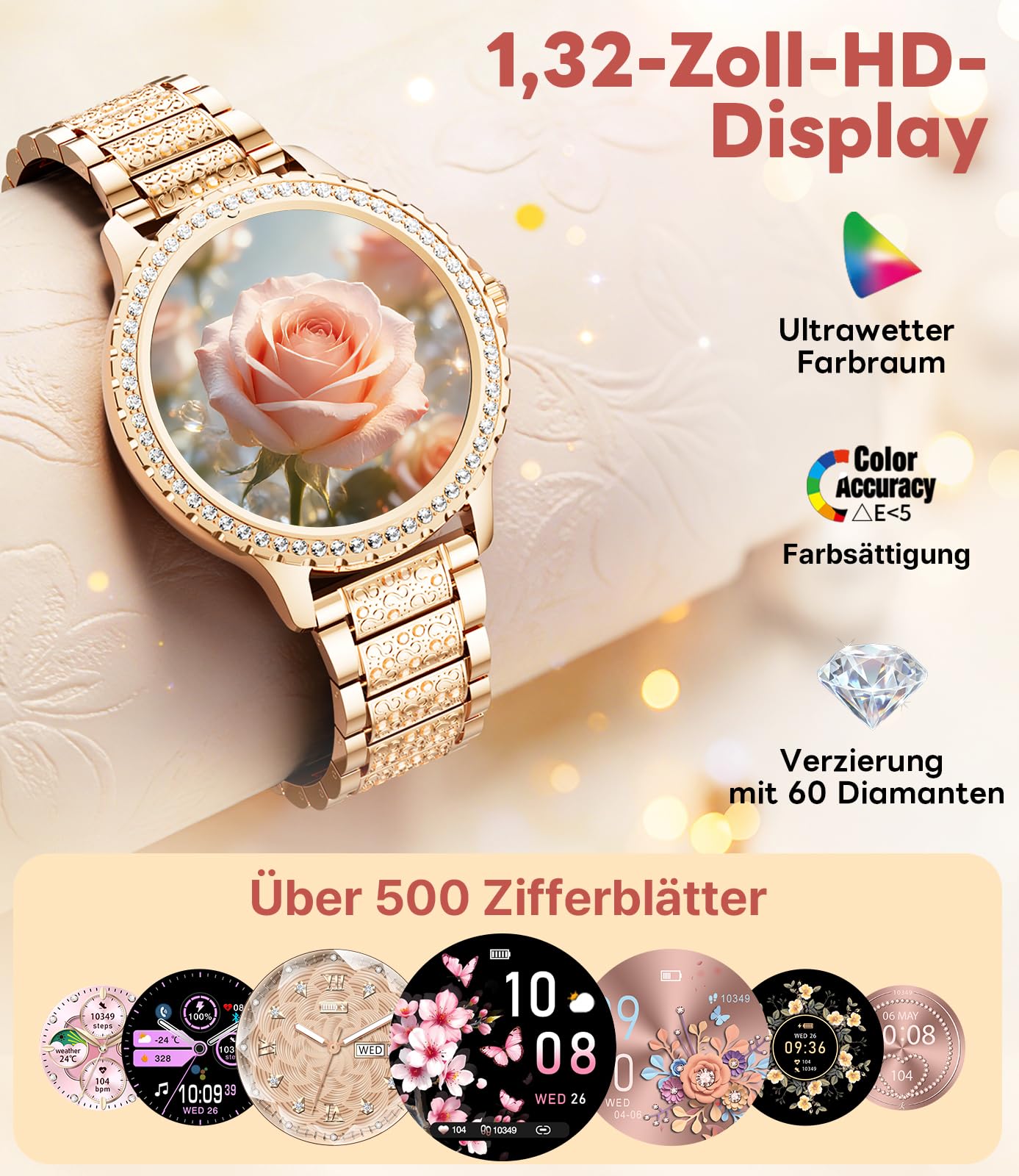 Smartwatch Damen mit Telefonfunktion, 1.32" Armbanduhr mit Diamanten, Fitnessuhr für Android iOS, Menstruationszyklus/Herzfrequenz/Schrittzähler, 500+ Ziffernblätter, 2 Armband, Rosegold