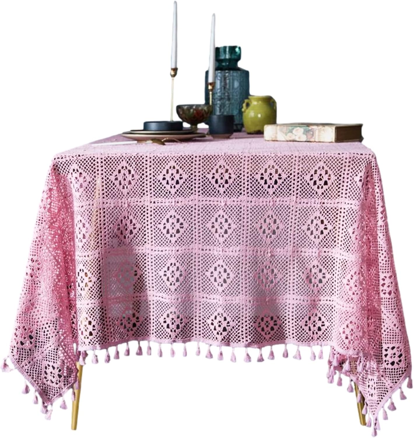 Crochet Lace Tablecloth with Tassel Round Table Cover for Kitchen Dinning Wedding Party Decoration Orange 24x24 Inch