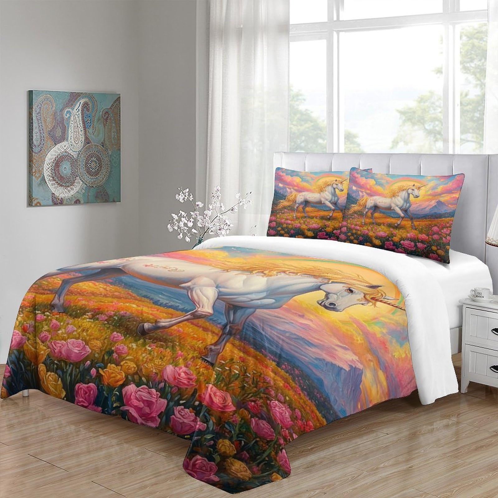 Fantasia di unicorno Impressione 3D 3 pz fodera per edredone Arte di creature mitiche coperteletto microfibra traspirante antiacari per ragazzi adolescenti uomini King（220x240cm）