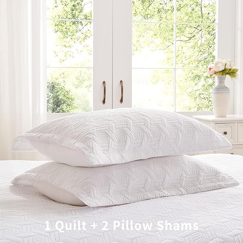 Miniatura 7 de LEAONME Juego de ropa de cama de 3 piezas tamaño matrimonialqueen, colcha ligera de color blanco de 90 x 98 pulgadas, colcha de verano de microfibra