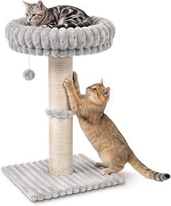 Avont Cat Scratching Post with Perch, Cat Tree Tower with Plush Bed for Indoor Cats, Sisal Scratcher Post with Non-Slip Base for Small Medium Cats -Lightgrey