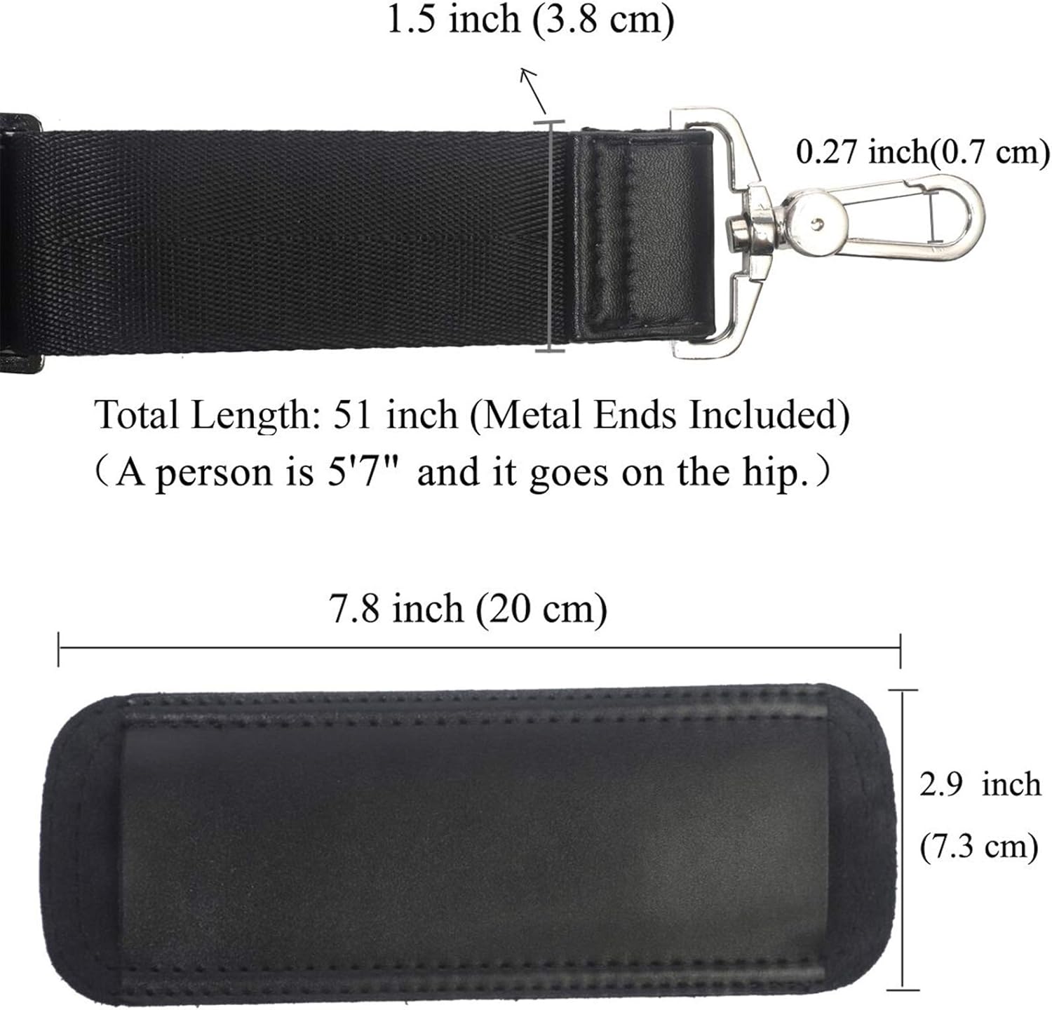 BEAULEGAN Bag Strap Replacement - Leather with Nylon - 51 Inch Long Adjustable for Crossbody/Shoulder, 1.5 Inch Wide (Black/Gunmetal) - Image 3