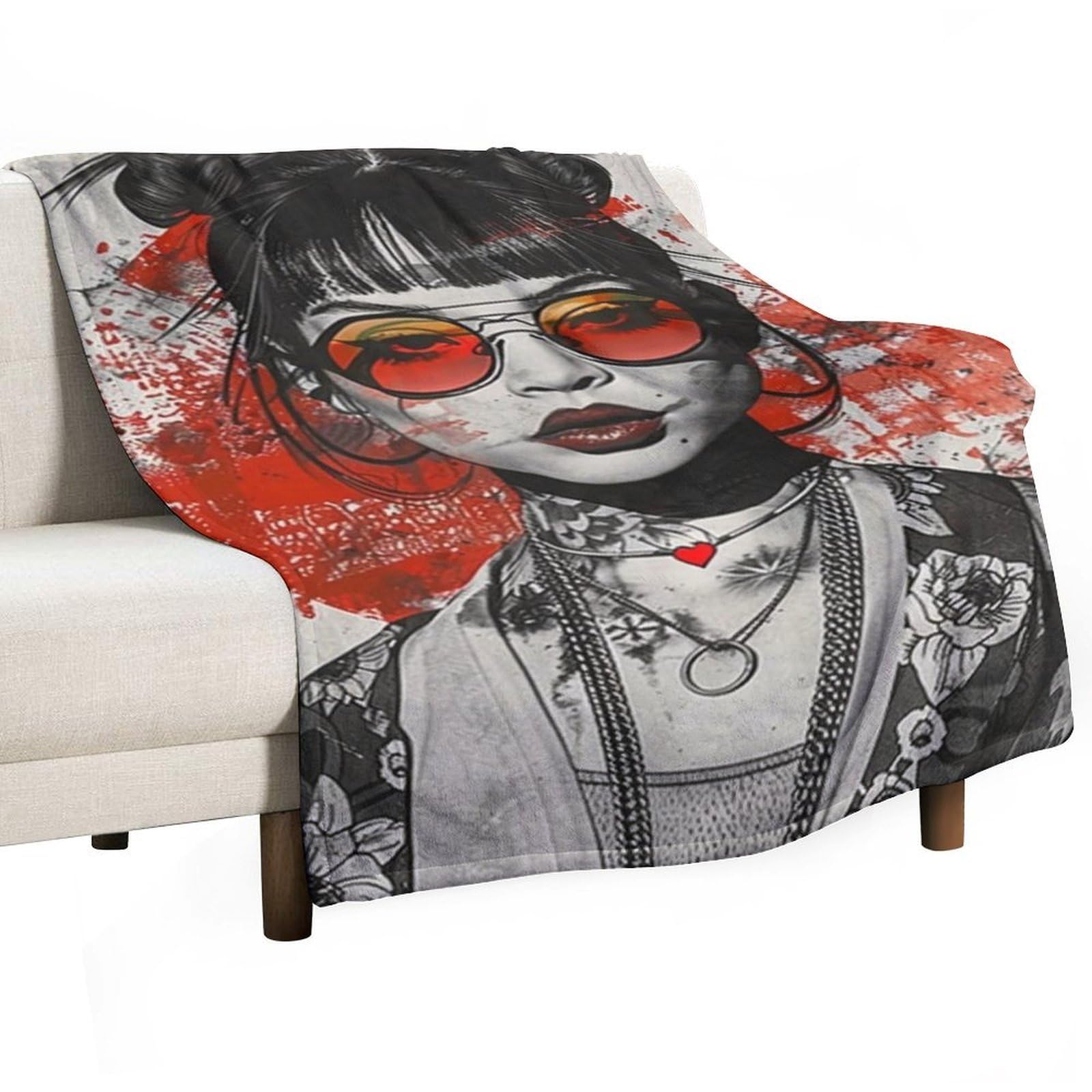 YHGSREUOH Ukiyo E Fusion Tattooed Asian Double Bun Girl 02 Flannel Blankets Fleece Soft Throw Lightweight Plush Gifts for Couch, Bed, Cozy Sofa Plush, Chair, Lovers 32x48inch(80x120cm)