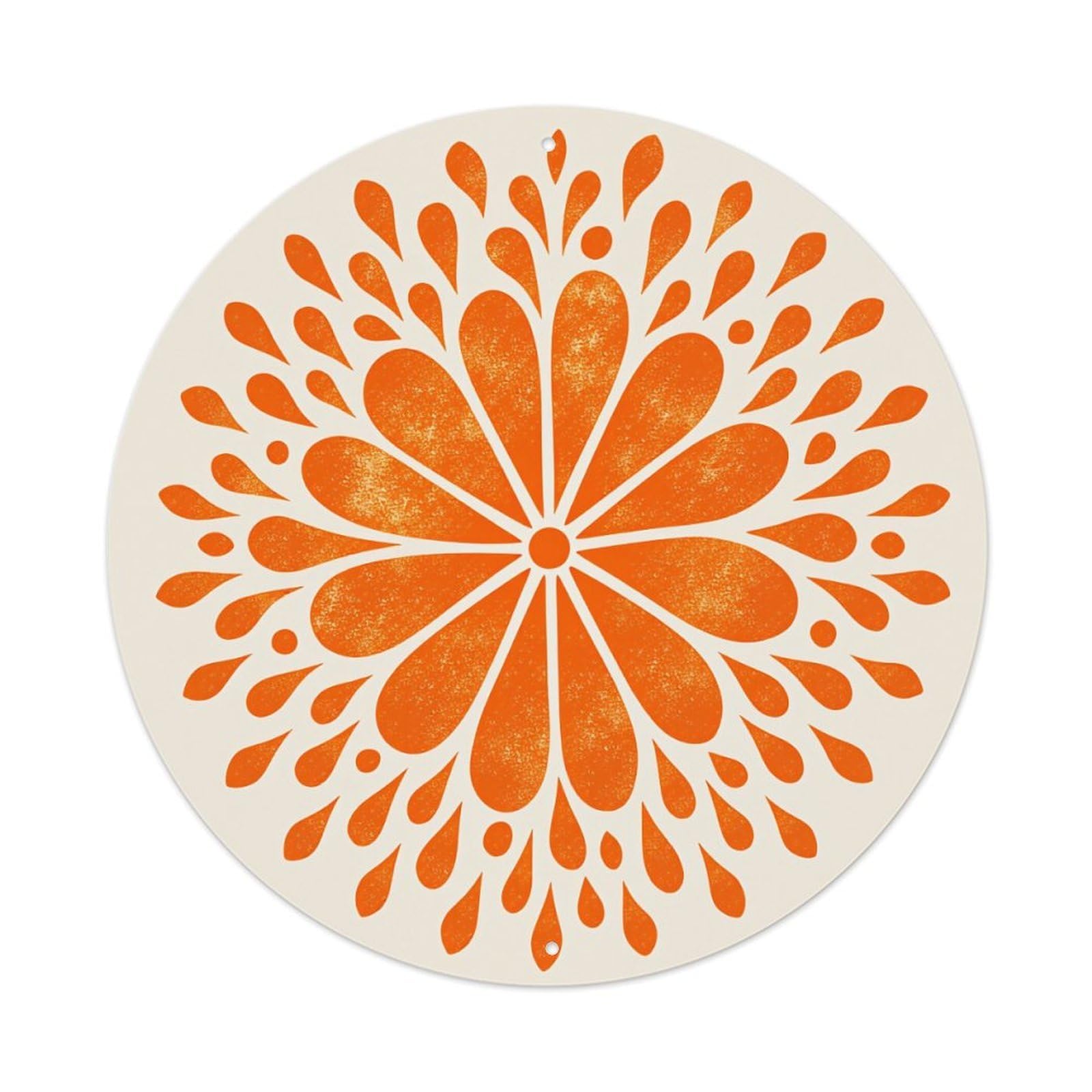 Orange Floral Pattern With Radiating Petals And Droplet Accents Round Vintage Tin Sign,Retro Wall Art,Metal Poster for Home, Bar, Garage, Cafe, Rustic Indoor & Outdoor Decor, 8x8 Inches