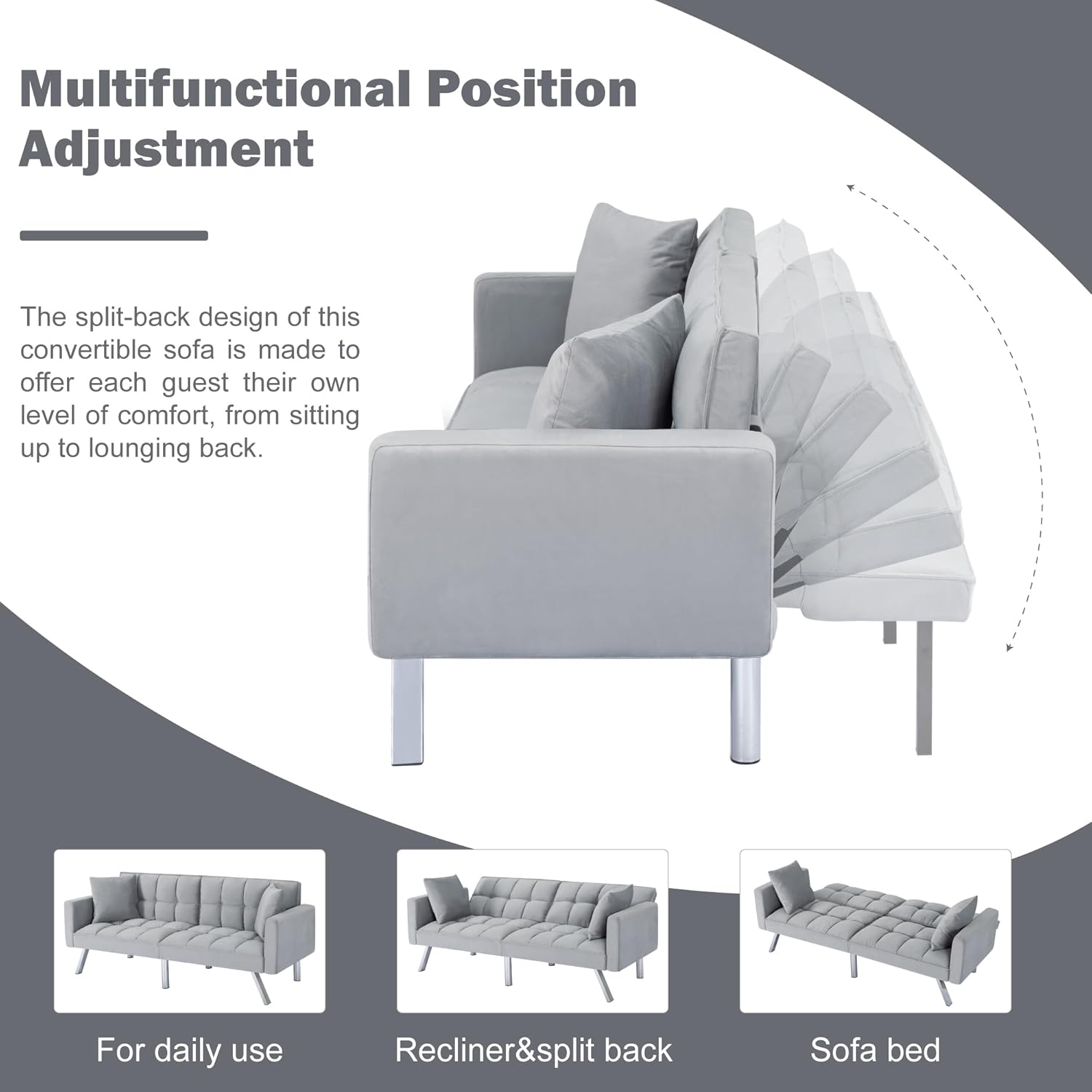 74" Futon Sofa Bed,Convertible Sleeper Couch with Adjustable Backrest and Pillows, Comfy Velvet Cloud Sofa Loveseat,Modern Loveseat for Living Room and Bedroom（Light Grey）