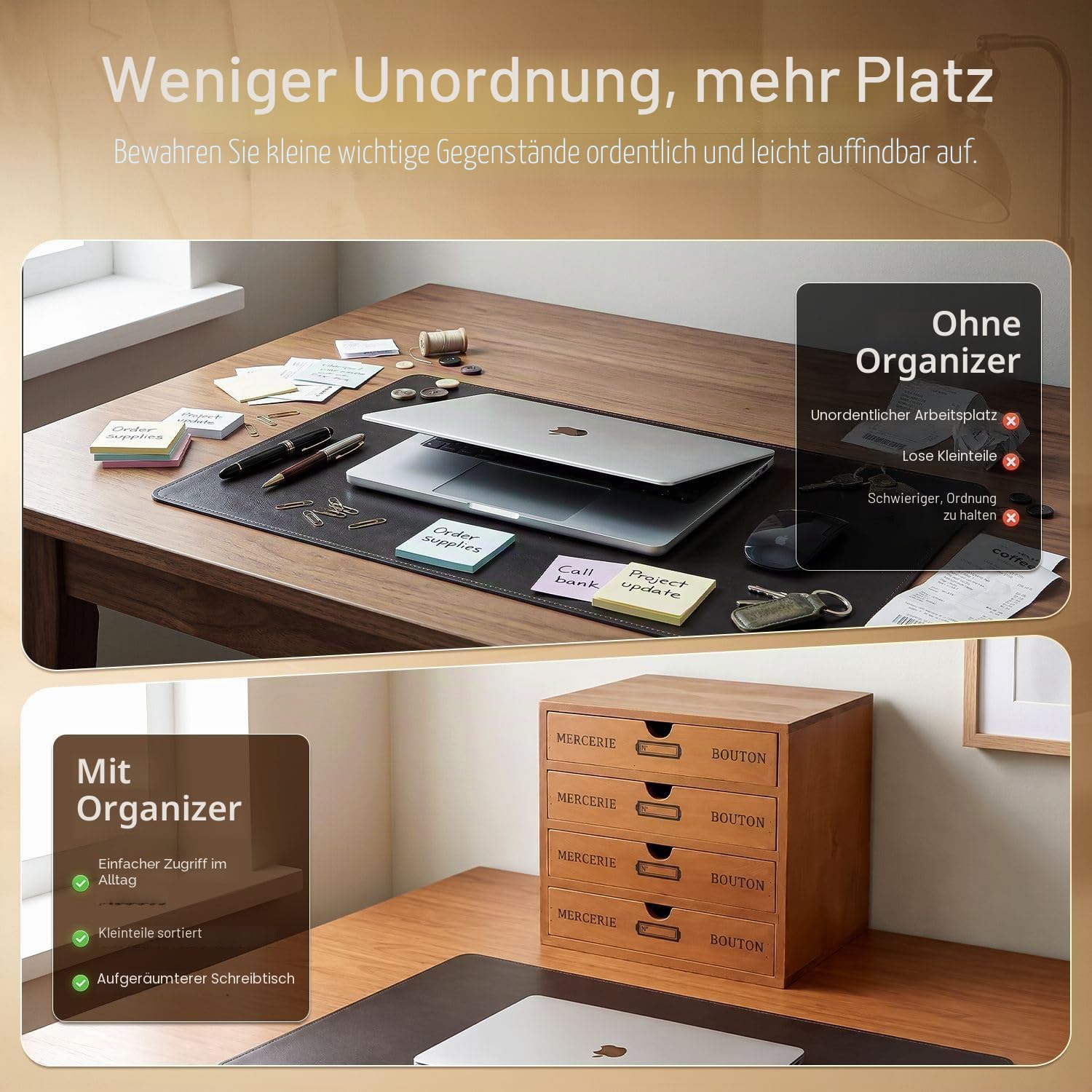 Flexzion Holz-Schreibtisch-Organizer mit 4 Schubladen, 4-stöckiger Holz-Tischschrank, Arbeitsplatte, Schreibtisch-Zubehörbox, für Zuhause, Arbeitsplatz, Theke, Kunsthandwerk, Werkzeugpost