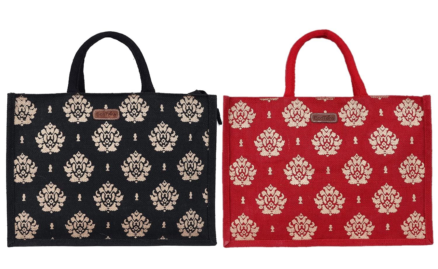 ECOTARAGold Natural Jute Shopping/Tote bag Combo pack - Set of 2 (Red & Black)