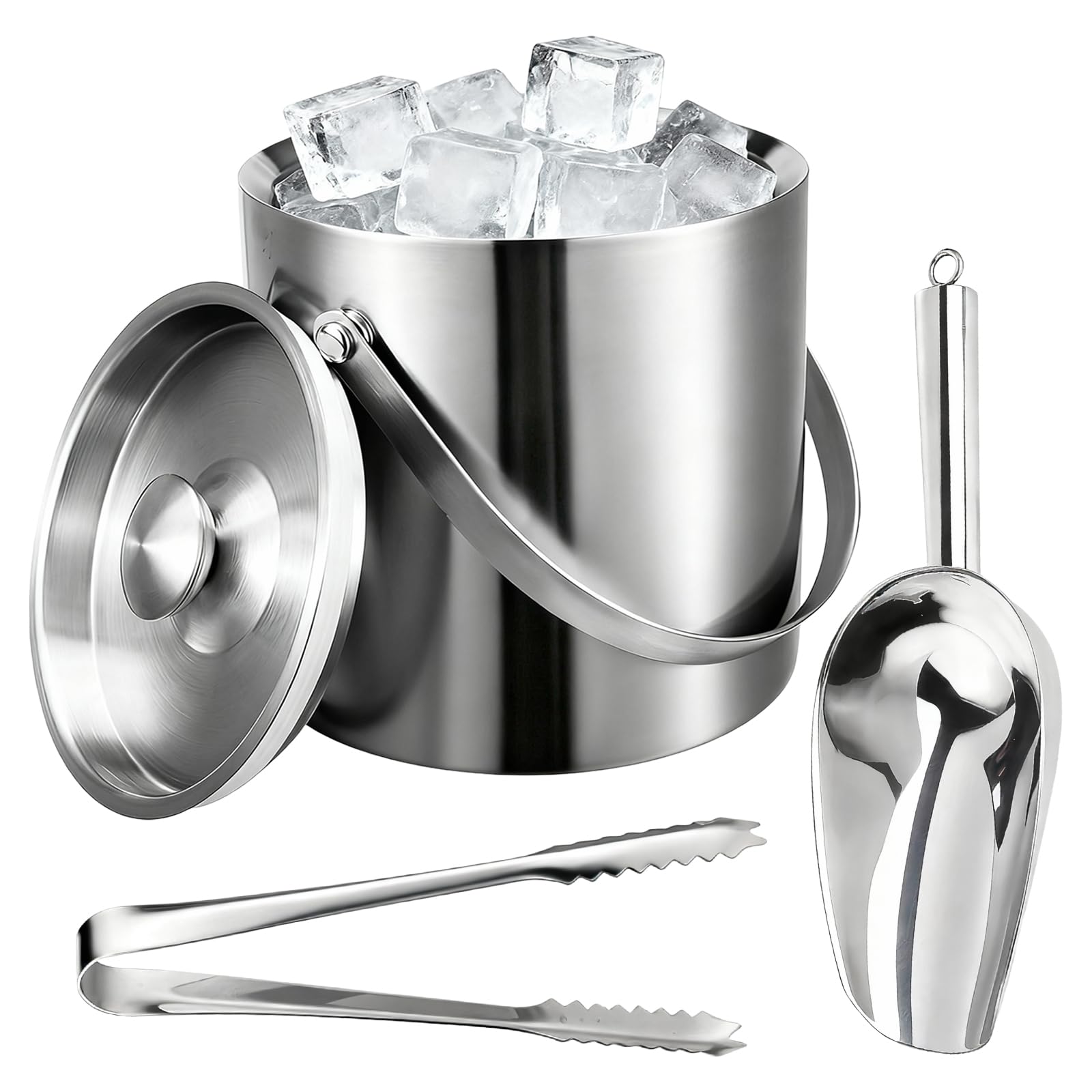 1.6L Double Walled Stainless Steel Ice Bucket with Lid and Tongs, Ices Scoop, for Home Bar, Restaurant, BBQ, Clubs and Picnics, Ice Buckets for Parties