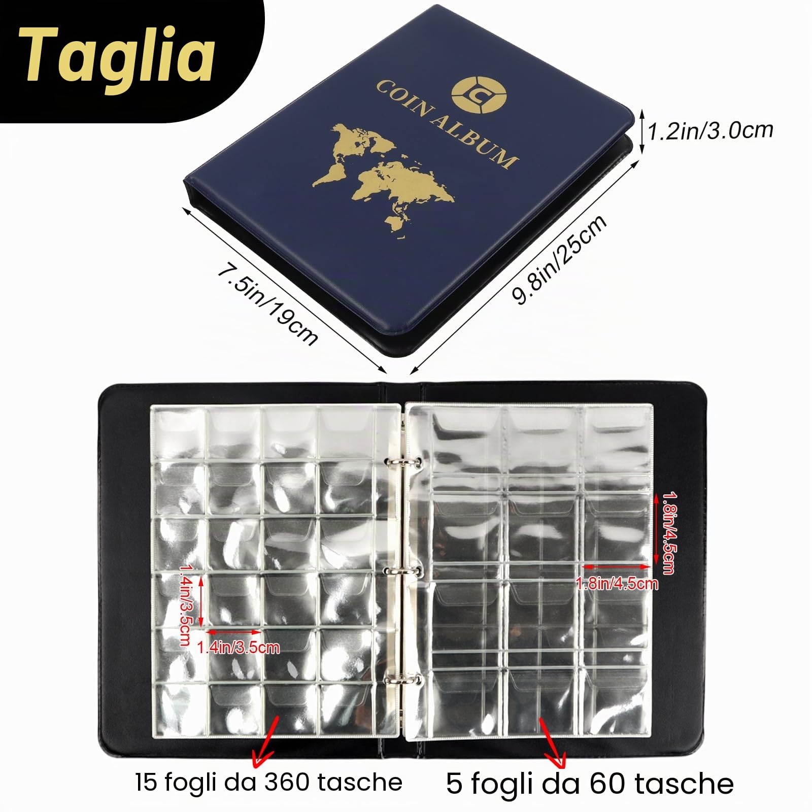Album Monete da Collezione 420 Tasche,Libro Porta Monete da Collezione 3.5 * 3.5 cm/4.5 * 4.5 cm,Raccoglitore Monete 2 Euro,25x19 cm Coin Album 20 Pagine di Inserti Trasparenti