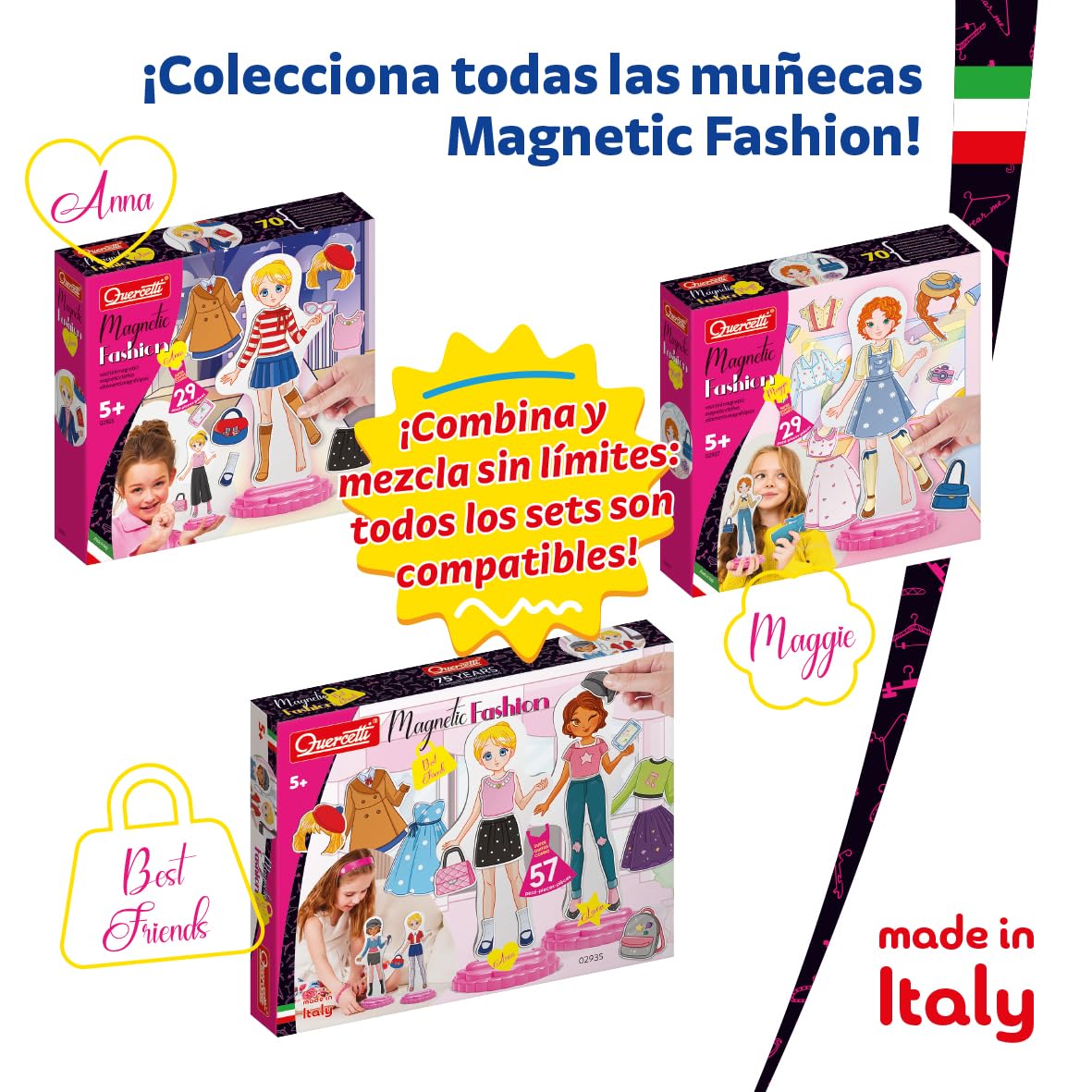 Quercetti Magnetic Fashion Best Friends, Juguetes Niña 5 Años a 9 Años, Juego Magnetico con Muñecas y Ropa, Juguetes Niñas, Juegos Infantiles Creativos para Niñas, Made in Italy