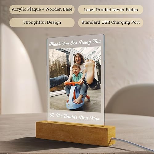 Miniatura 3 de Lámpara de fotos personalizada con luz LED 3D grabada con nombre y palabras, letrero de luz acrílica, soporte de madera, lámpara de mesa para mamá,