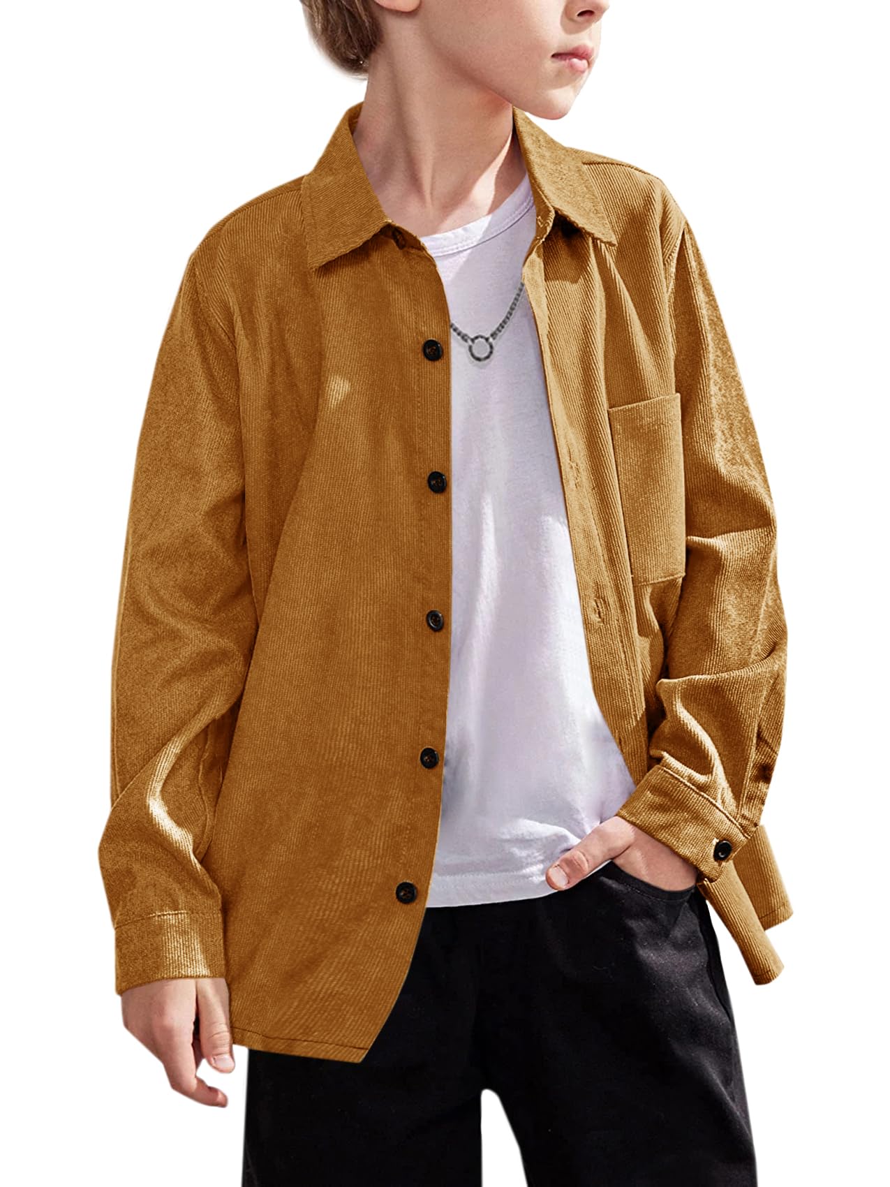 Karlywindow Camisa de pana para niños de manga larga con botones, estilo vintage, para otoño e invierno