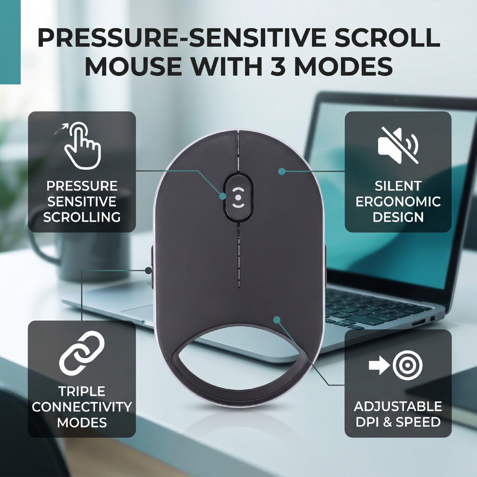 Mouse Scroll Pressione Sensibile, Mouse Wireless 3 Modalità Bluetooth 5.0 5.2 2.4G USB Silenzioso con 4 DPI Regolabile 4 Velocità Scorrimento per IOS HarmonyOS