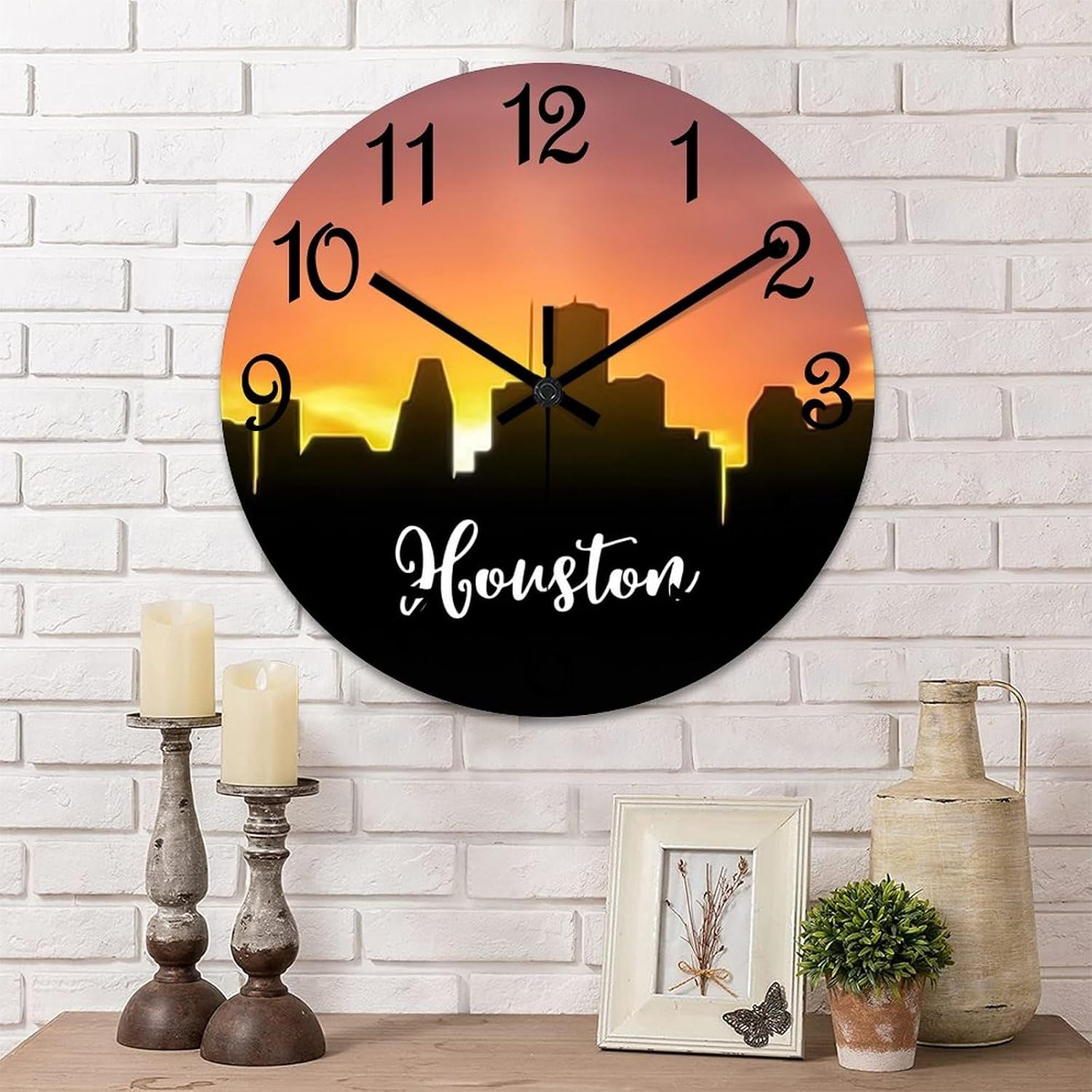 Decorative Wall Clock Houston Wall Clock Houston City View Wooden Clocks Silent Battery Operated 12 Inch Shabby Chic Retro Round Clock for Kitchen Bedroom Office