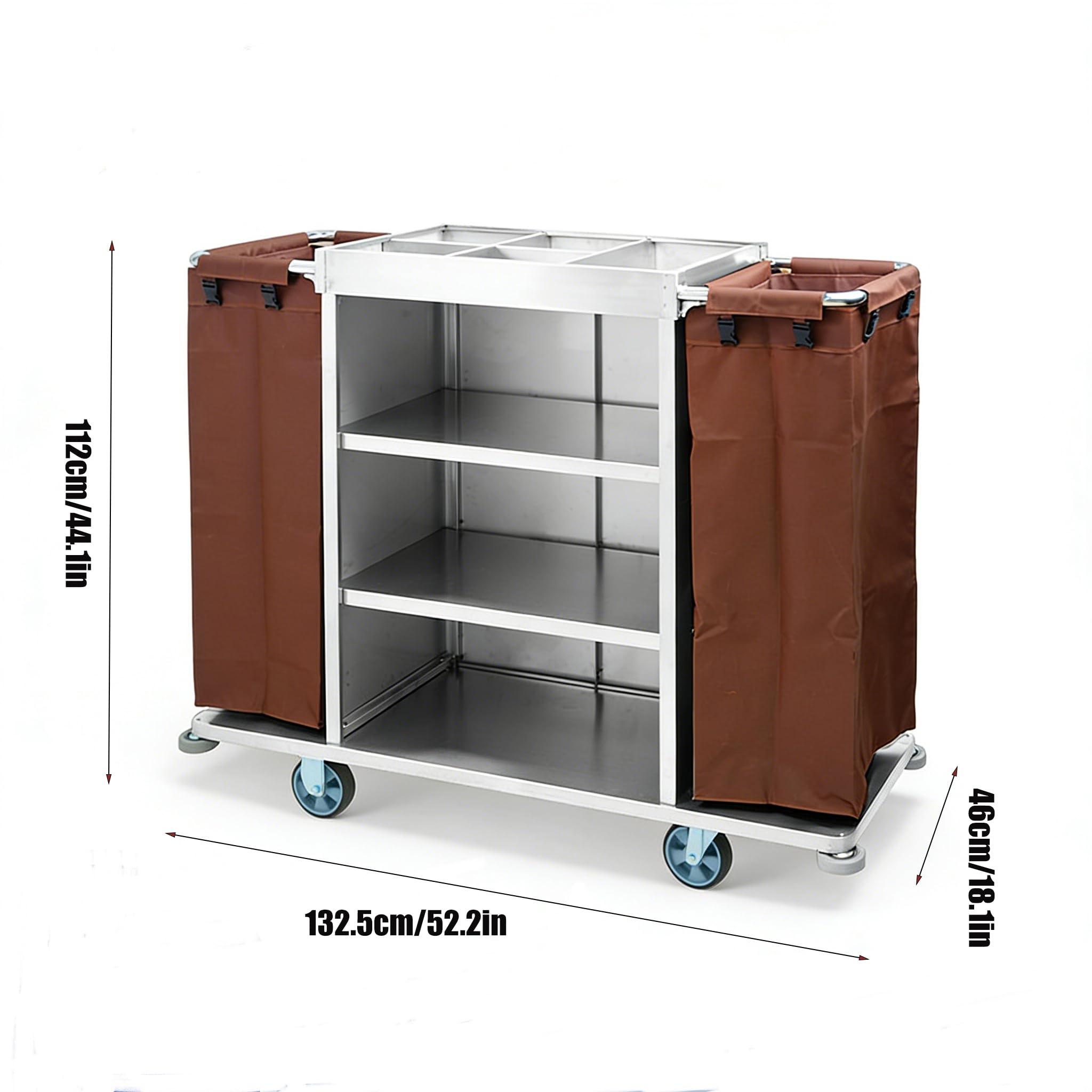 Carrito de limpieza profesional multifuncional con separadores de almacenamiento y bolsas impermeables para limpieza de hoteles y edificios, diseño de acero inoxidable