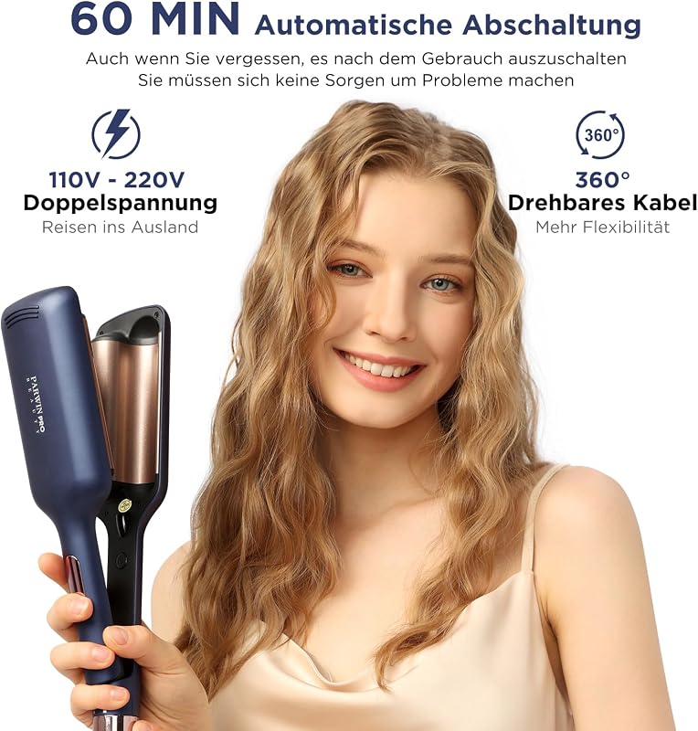 PARWIN PRO BEAUTY 32 mm-es Hableány Hajgöndörítő Vas - 4 Hőfokozatú Dupla Csöves Hullámosító Minden Hajtípushoz, Azúrkék
