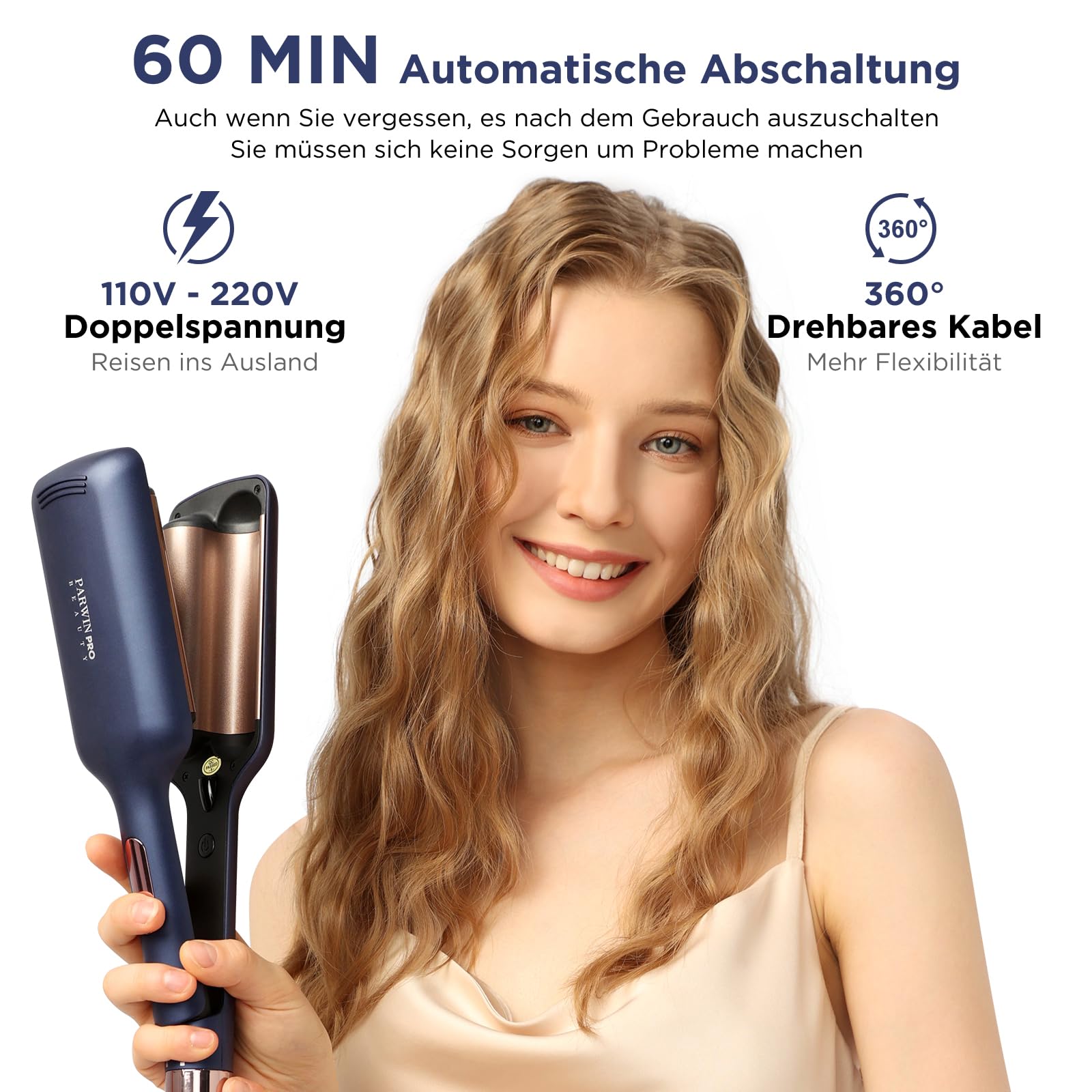 2 Fässer Meerjungfrau Welleneisen für haare, 32MM Lockenstab große locken, PARWIN PRO BEAUTY -Hair Curler, Wellenstyler mit 4 Einstellbarer Temperatur, Sofortiges Wellen (Preußischblau)