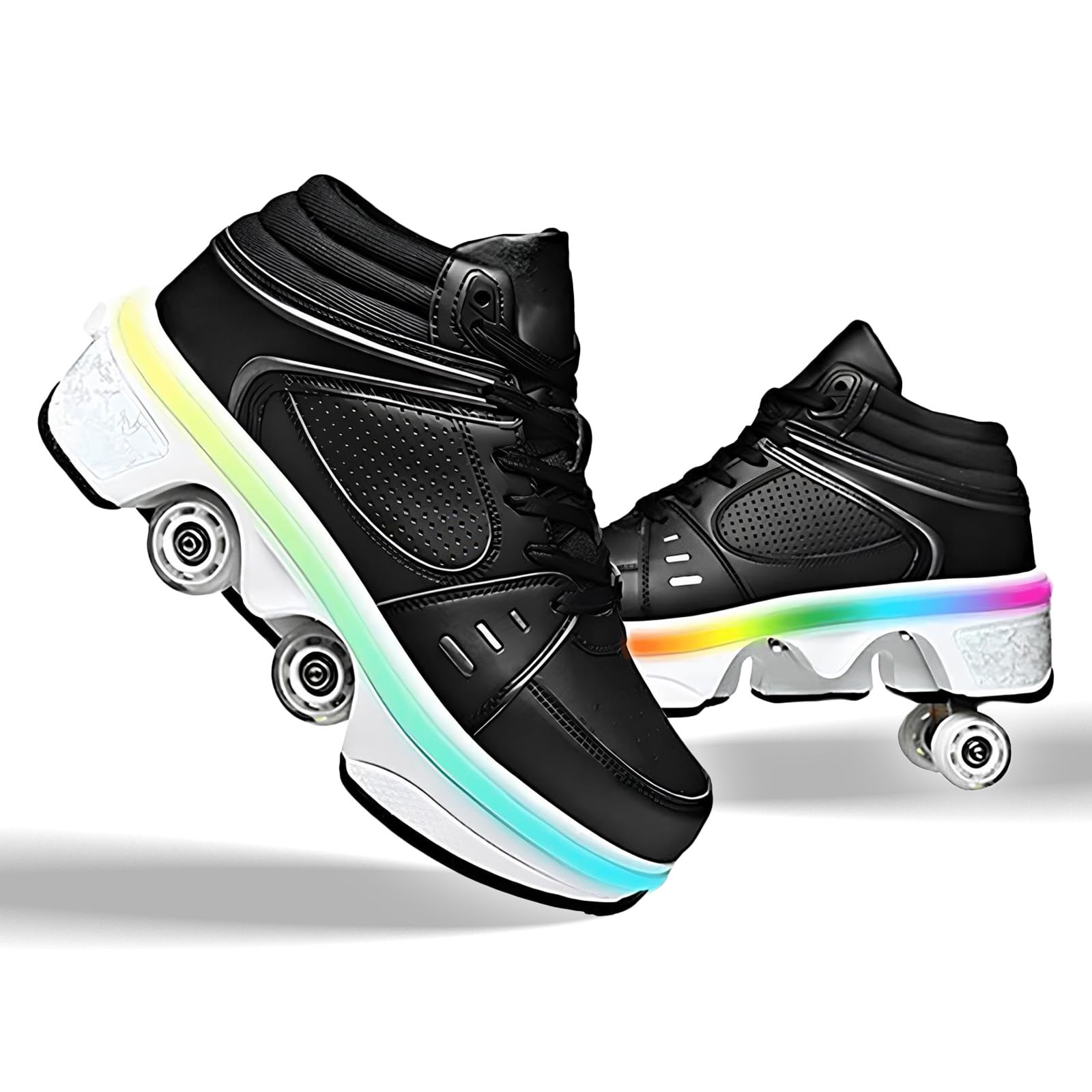 Outdoor roller skates, adjustable roller skates for women, quad skates deformation trainer for adults, sneakers with invisible wheel for beginners (Black with light, UK-7)