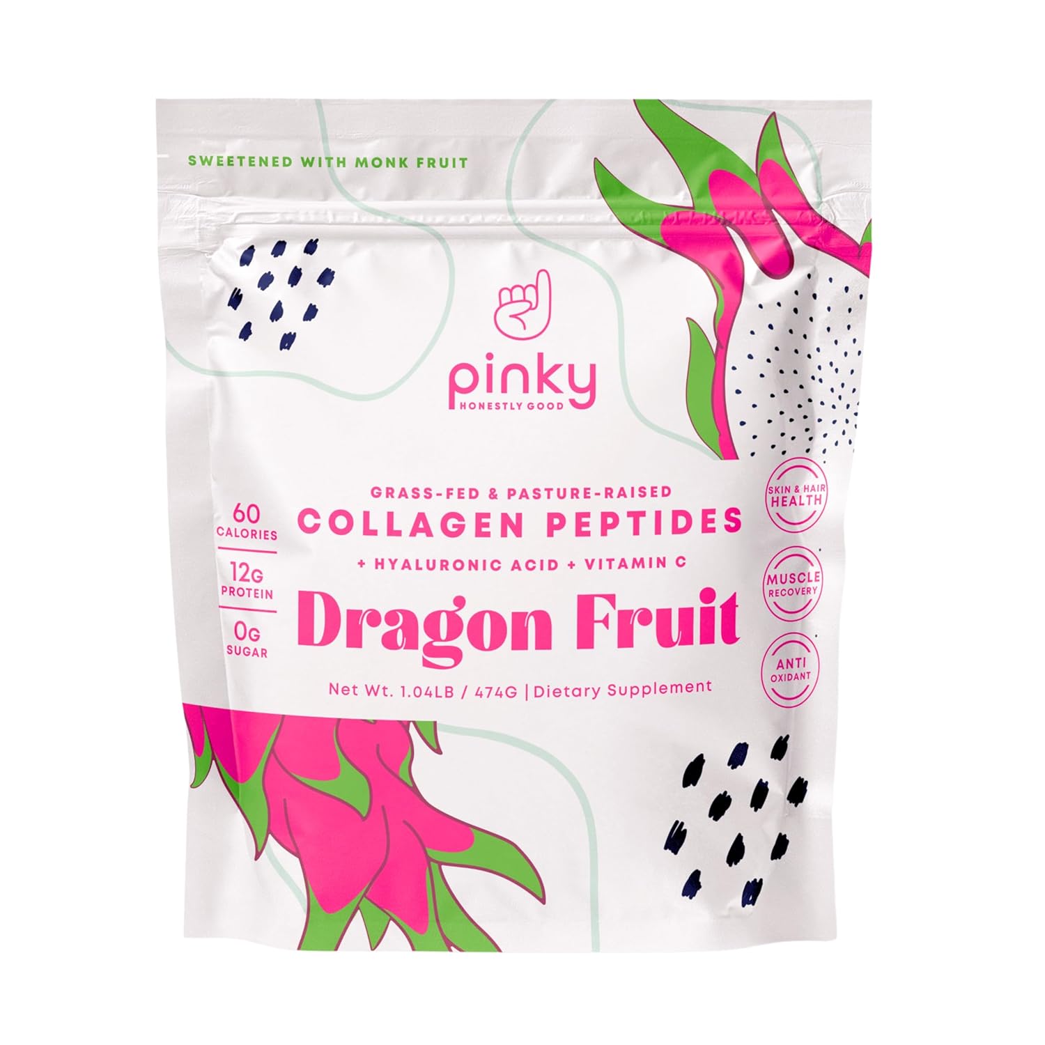 Collagen Peptides with Hyaluronic Acid Vitamin C - Dragon Fruit Flavor 1lb 474g Supports Skin Hair and Gut