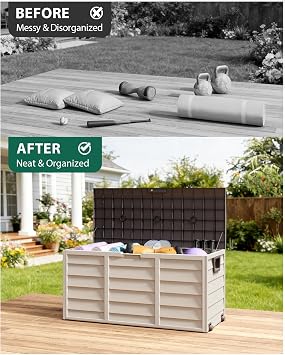 The Fellie Garden Storage Box with Wheels, 290L Lockable Garden Storage Boxes Waterproof, Plastic Outside Storage Box for Gardening Tools, Cushions, Toys, 112x49x54cm, Cream