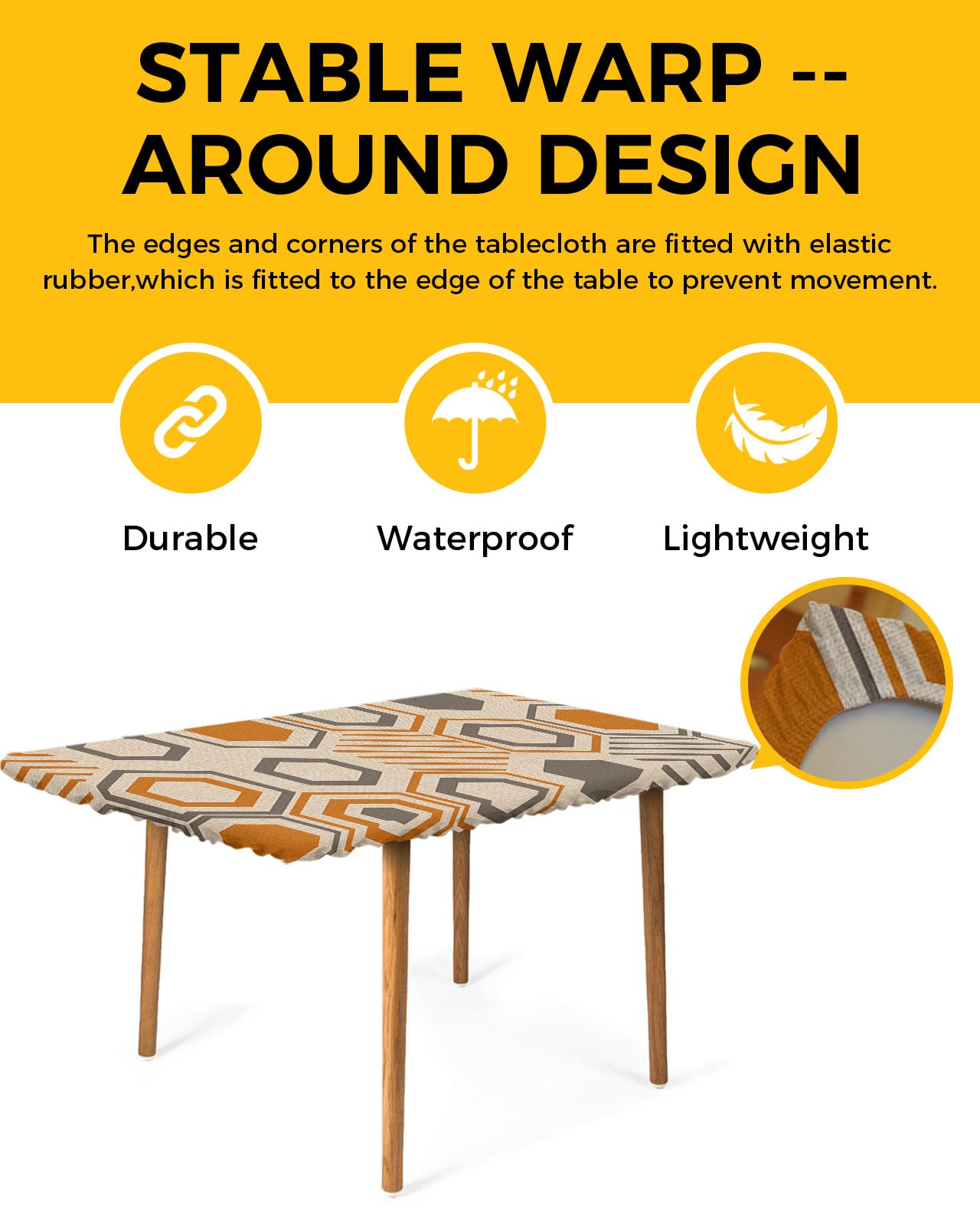 Jolunifun Geometric Tablecloth Fitted Table Cover for 6ft Tables - Waterproof Wipeable Elastic Table Cloth for Outdoor Picnic Camping Dining Party, Modern Abstract Orange Grey Farmhouse Burlap 32