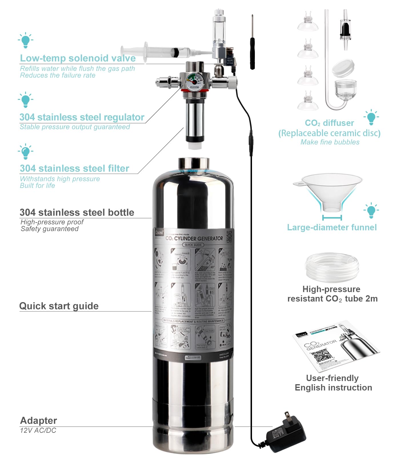 Générateur de système de CO2 pour aquarium, réacteur de dioxyde de carbone en acier inoxydable avec électrovanne régulateur pour plantes d'aquarium (G700S), kit d'aquarium CO2