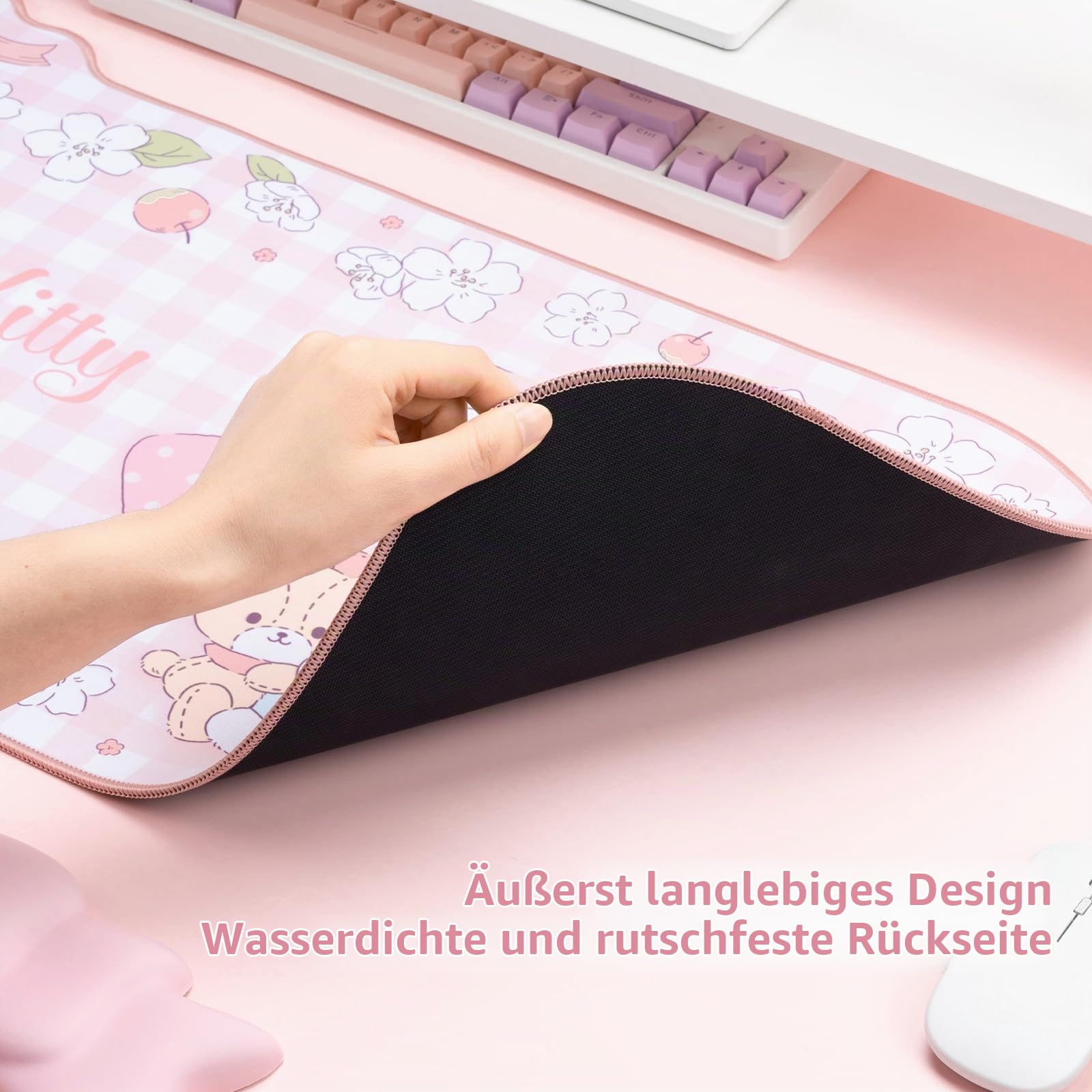 Kuitmor Anime Mauspad & Handgelenkauflage, rutschfeste Unterlage, Ergonomisch für Tastatur & Maus, Weich & stützend, Für Gaming, Home-Office, PC (Rosa + Handgelenkauflage)