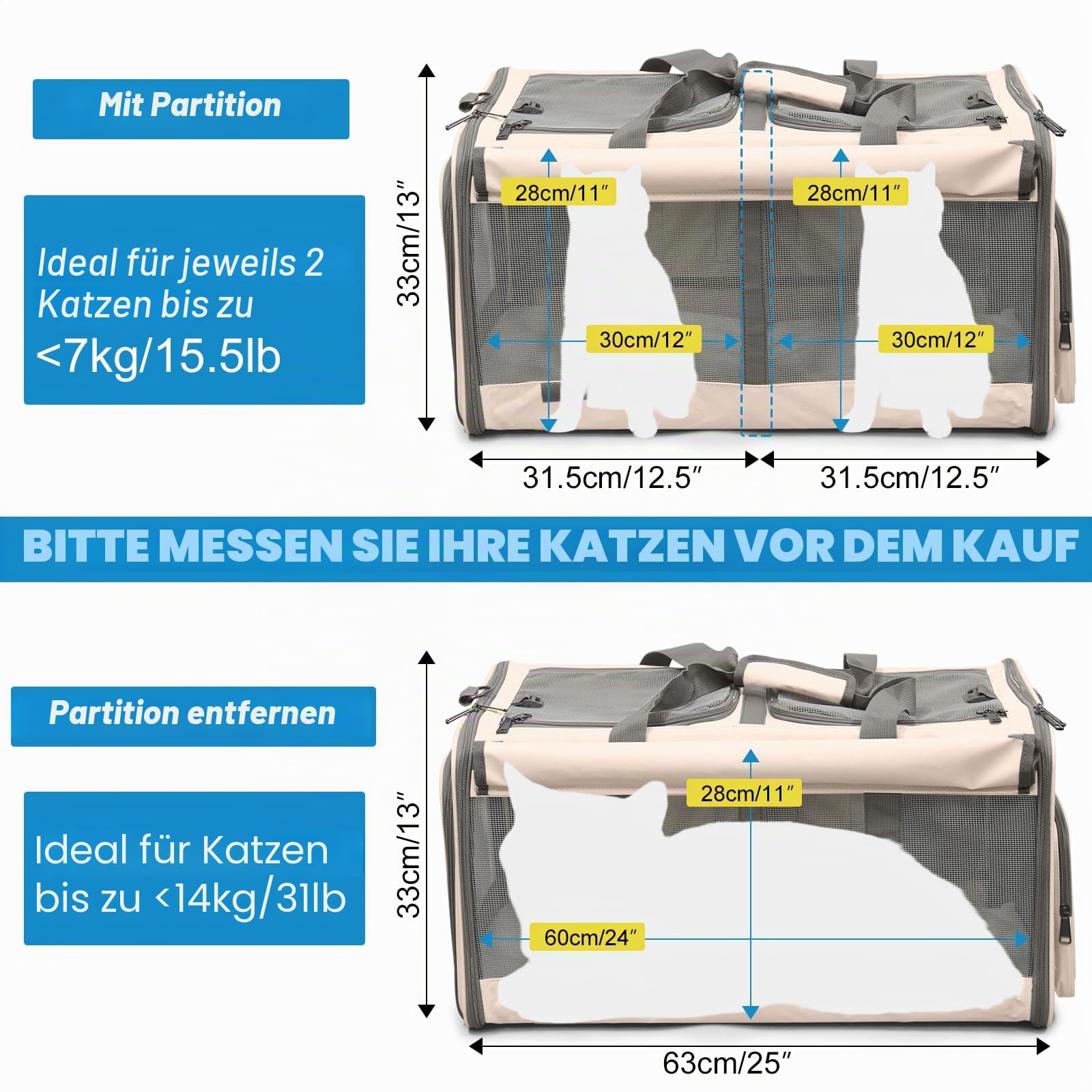 Große Katzentragetasche, Katzentrage für 2 Katzen, faltbare Haustiertragetasche auf Rädern, 2-in-1 abnehmbare Fächer, mit kostenlosem Katzen-Teaser-Zauberstab & Aufbewahrungsgurt