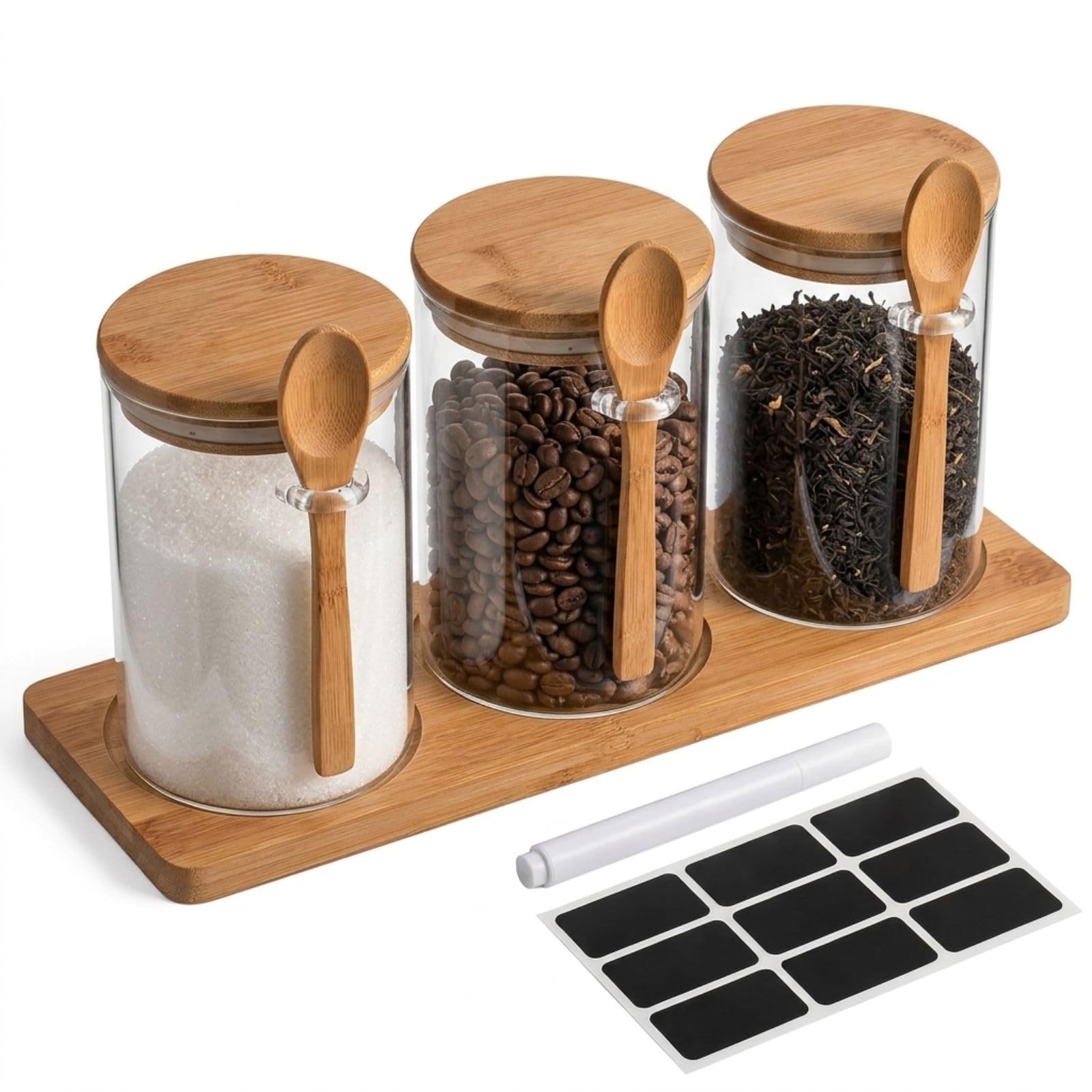 Raoletin 3 Piece Glass Tea Coffee and Sugar Canisters Set, Airtight Tea Sugar and Coffee Containers Set with Wood Lids, Spoons and Tray for Countertop for Kitchen and Office Counter Organization