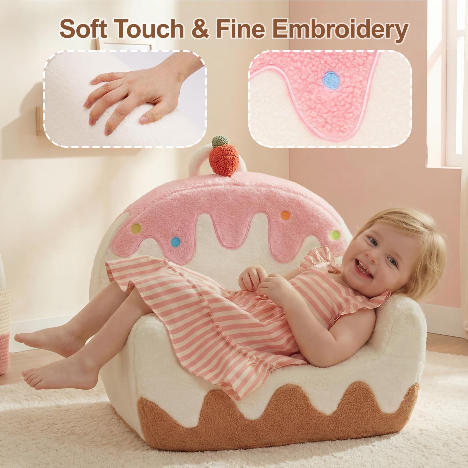 OUOZZZ Fauteuil bébé 1-3 Ans, canapé Enfant chauffeuse en Sherpa Doux, Mini Sofa pour Chambre Fille ou garçon, Design Glace Blanc crème | Sherpa doux, poche latérale et poignée de transport, siège en mousse, salle de jeux ou chambre à coucher