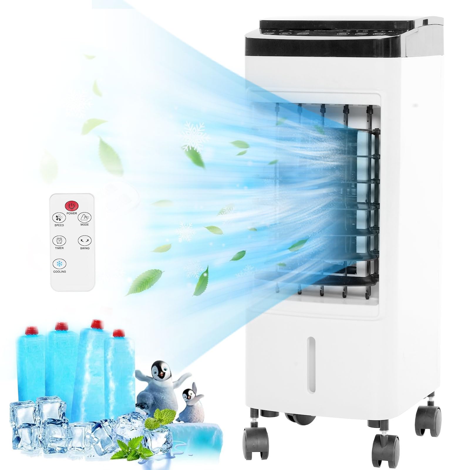 Portable Air Conditioner, 3-in-1 Evaporative Cooler Air Conditioner, 4 Modes and 3 Speeds, Timer, LED Display, Remote and Touch Control, 4 Wheels with Latch, Suitable for Bedroom, Living Room, Office