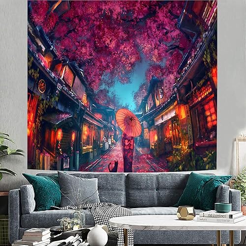 Miniatura 4 de Aidatain Tapiz de anime japonés antiguo japonés de paisaje de calle nocturna, tapiz de farol de flor de cerezo, tapiz grande de 60 pulgadas de largo