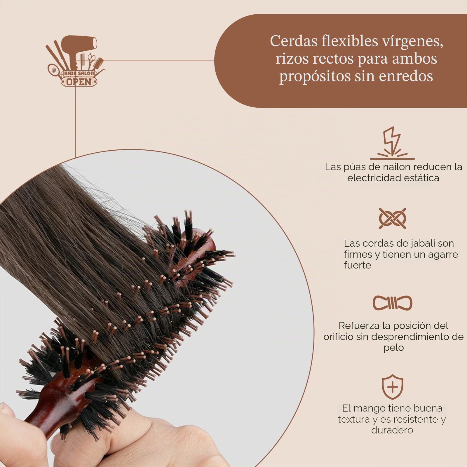 Cepillo redondo para secado, cepillo de pelo redondo de cerdas de jabalí