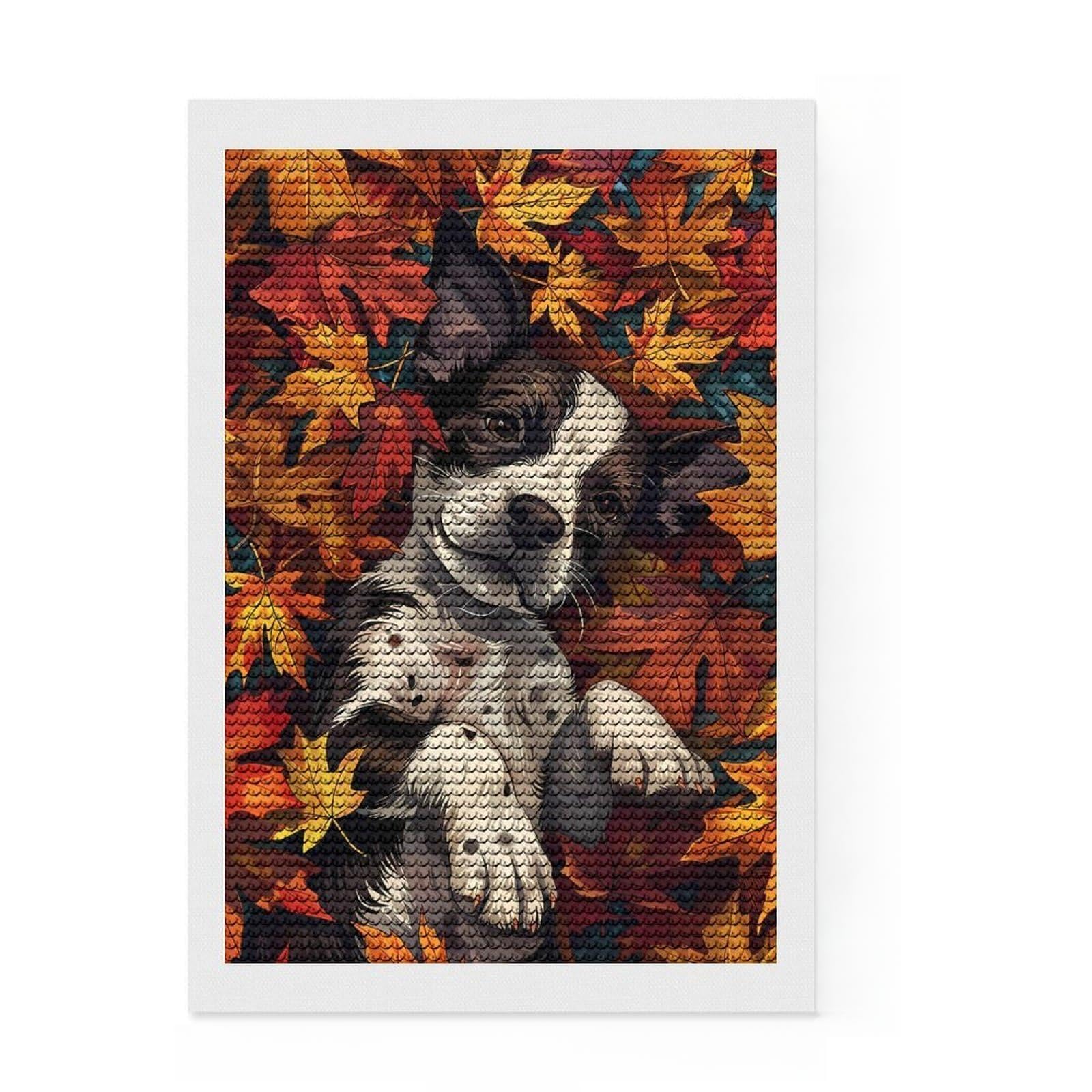 Junmoney Puppy Autumn Leaves Dog Diamond Art Canvas 8"x12", for Teens, Enjoyable At-Home Hobby, Office Decor, Gift Idea, Pleasing Wall Art Project