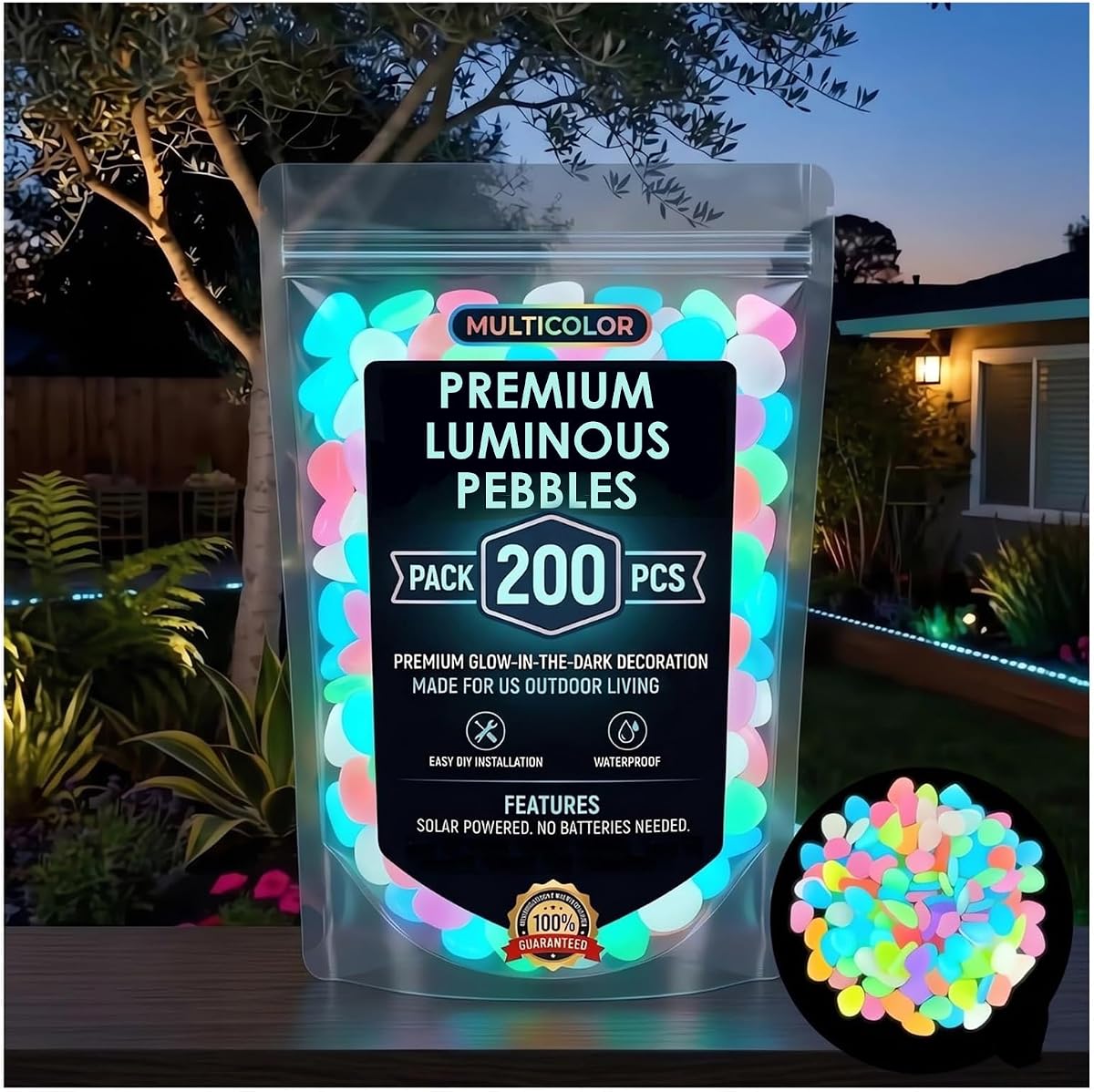 Piedras de jardín coloridas que brillan en la oscuridad, guijarros luminosos solares, piedras de resina para paisajismo, piedra de paso al aire libre, decoración de patio, pecera, acuario, rocas decorativas (200, multicolor)