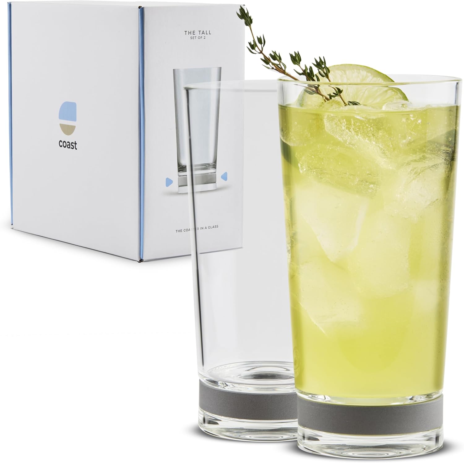 Coast Glassware The Tall – Patented Highball Drinking Glasses with Built-In Stone Coaster Base – Absorbent, Surface-Protecting Water & Cocktail Glasses – Premium Gift Pack (Set of 2) - 16 oz