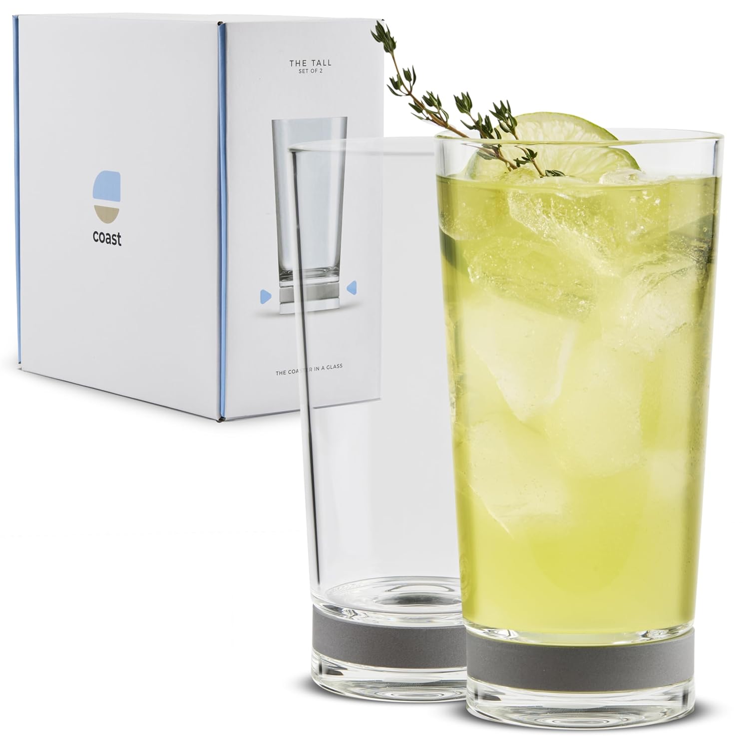 Coast Glassware The Tall Patented Highball Drinking Glasses with Built-In Stone Coaster Base Absorbent Surface-Protecting Water Cocktail Glasses