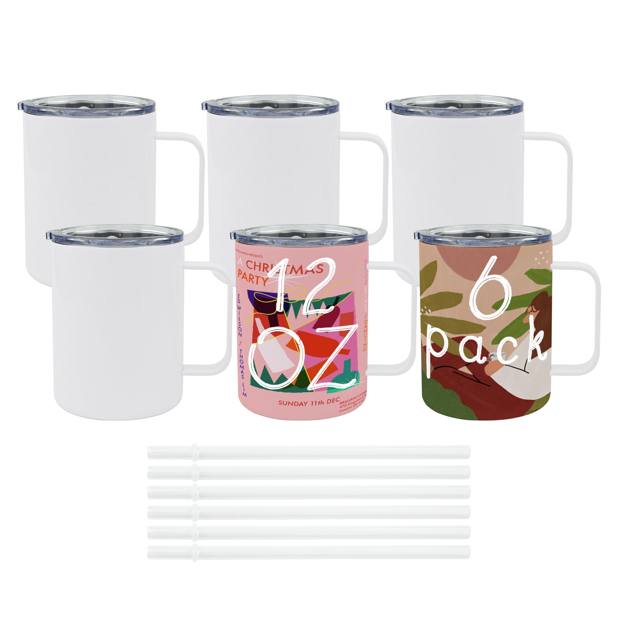 JYLJINGYULI 6 Pack 12 oz Sublimation Tumblers with handle Coffee Blanks, with Lid and Straw Cups Blank Bulk, Straight Skinny Insulated Cup Stainless